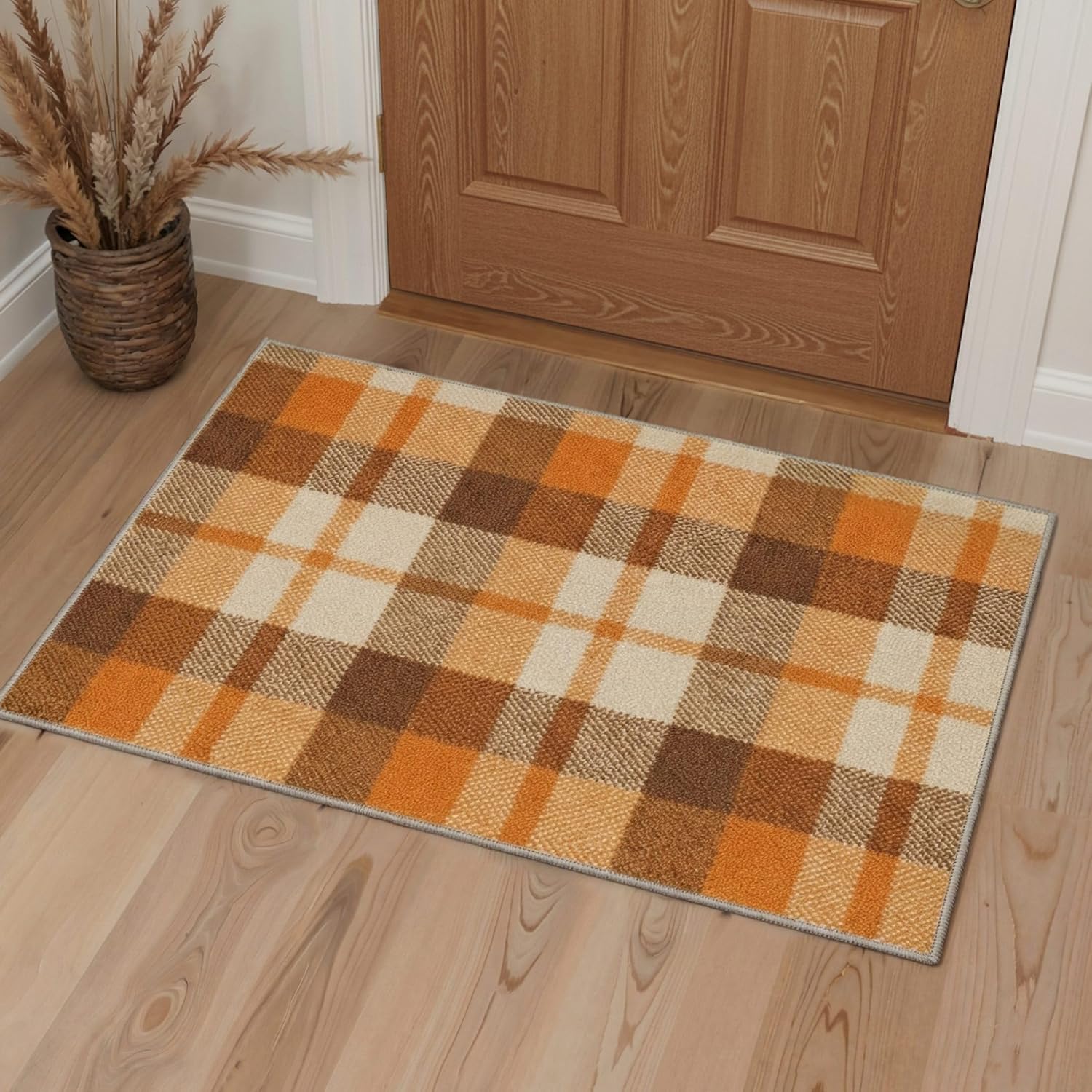 Bavni 2x5 Runner Rugs for Hallway Kitchen Laundry Room with Non Slip Backing, Low Pile Lightweight Machine Washable Print Pattern Rug for Bedroom Bathroom Entryway, Plaid, Warm Latte