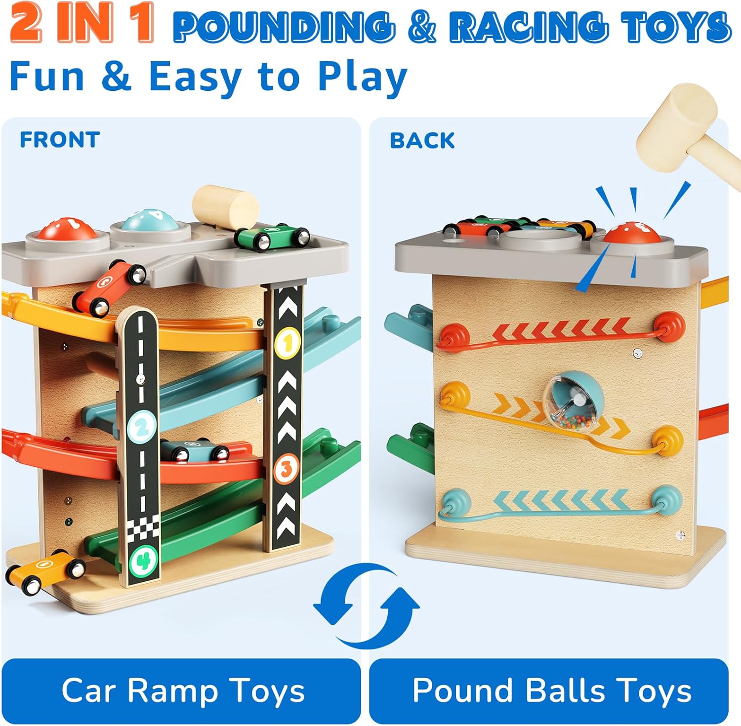Wooden Car Ramp Race Track 2-in-1 Pound Ball Toddler Toy Ball Drop Baby Toy Set Gift for 1 2 3 Year Old Boys Girls Montessori Developmental Learning Activity Interactive Birthday Present