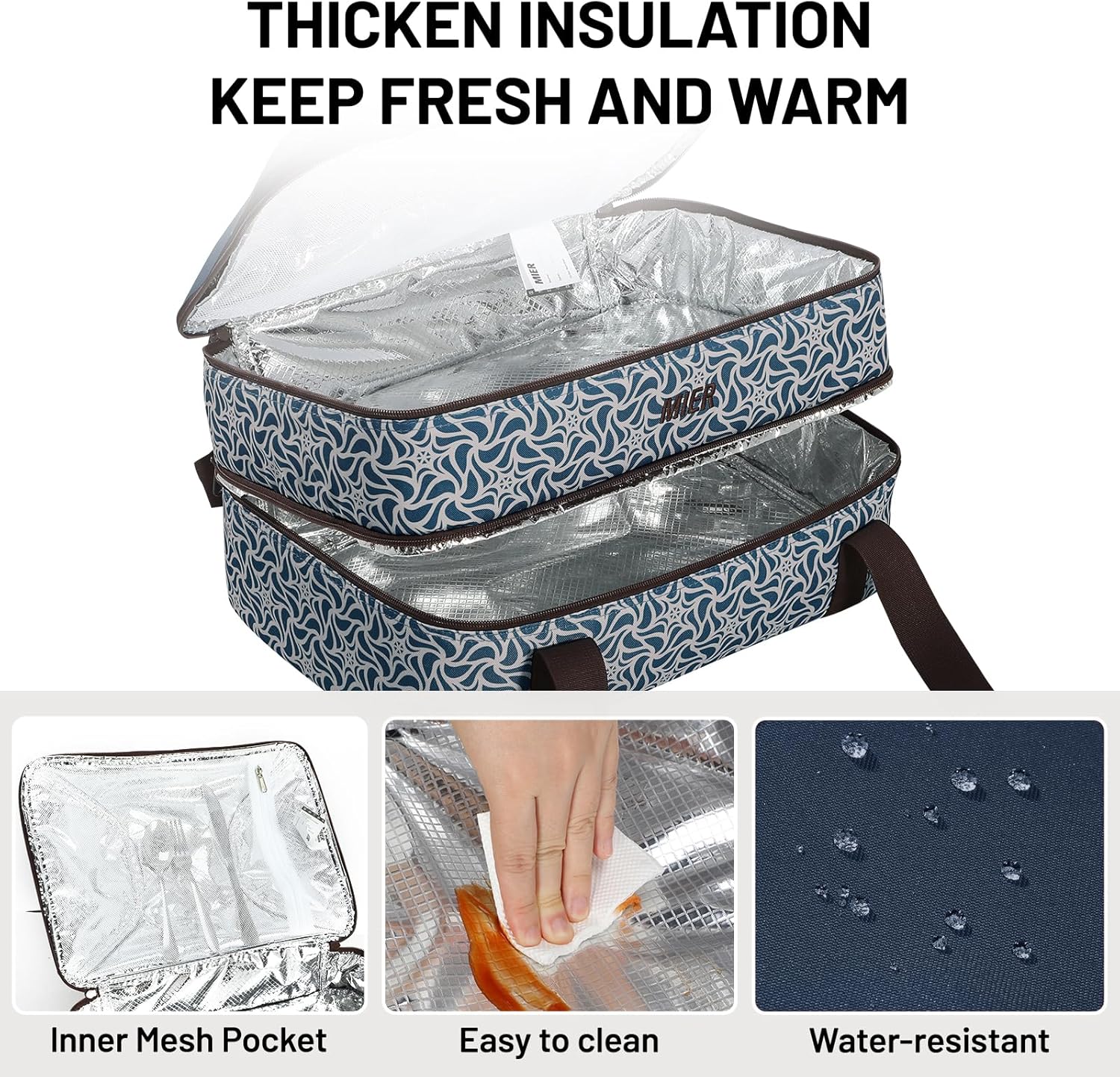 MIER Insulated Casserole Carrier Fits 9"x13" Baking Dishes/Foil Pans, Double Food Carriers Bag Thermal Holder for Hot or Cold Food Lasagna Lugger Potluck Parties Picnic Travel, Deep Blue