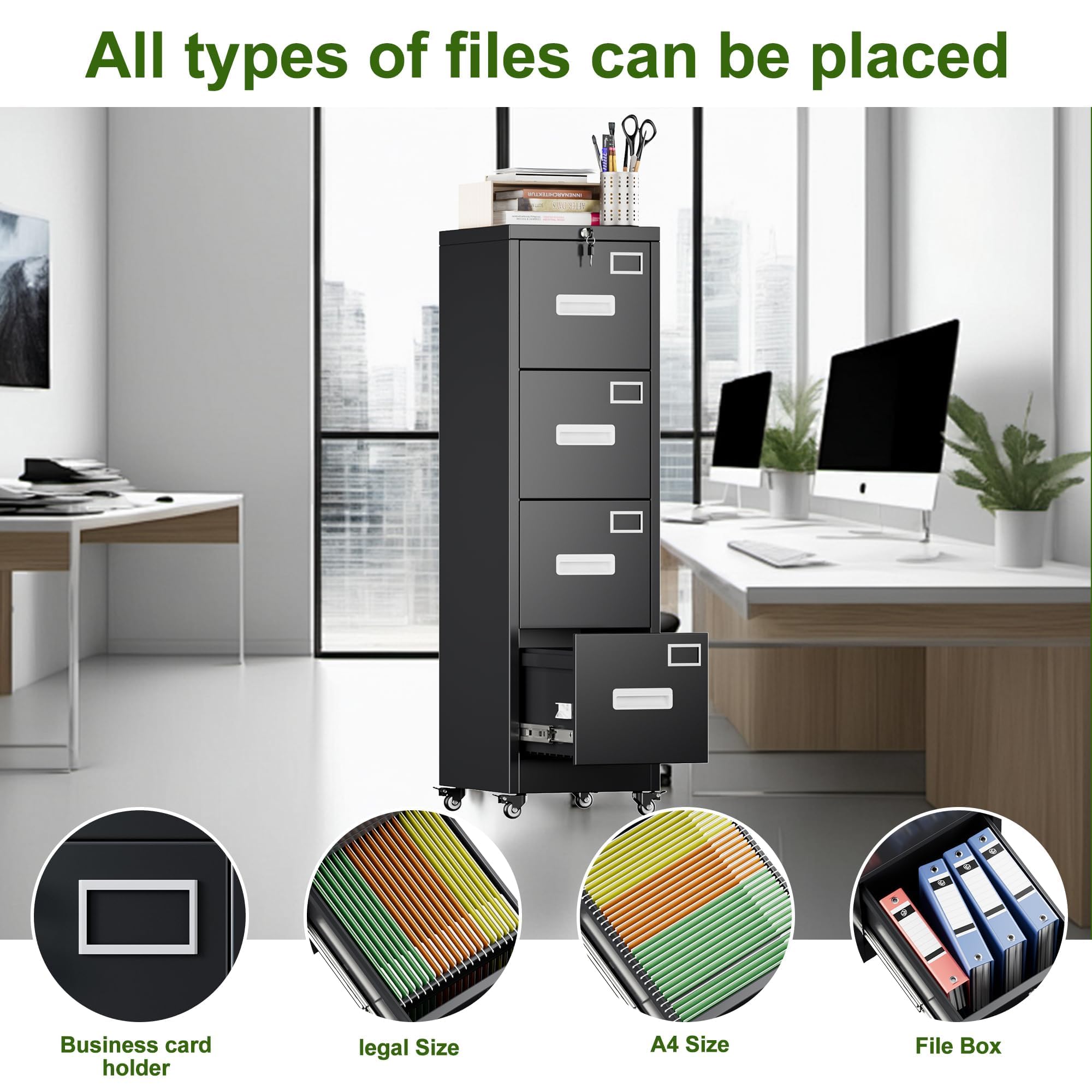 Aobabo 4 Drawer File Cabinet with Wheels, Lockable Metal Filing Cabinet with Name Card for Office and Home,Assembly Required,Black