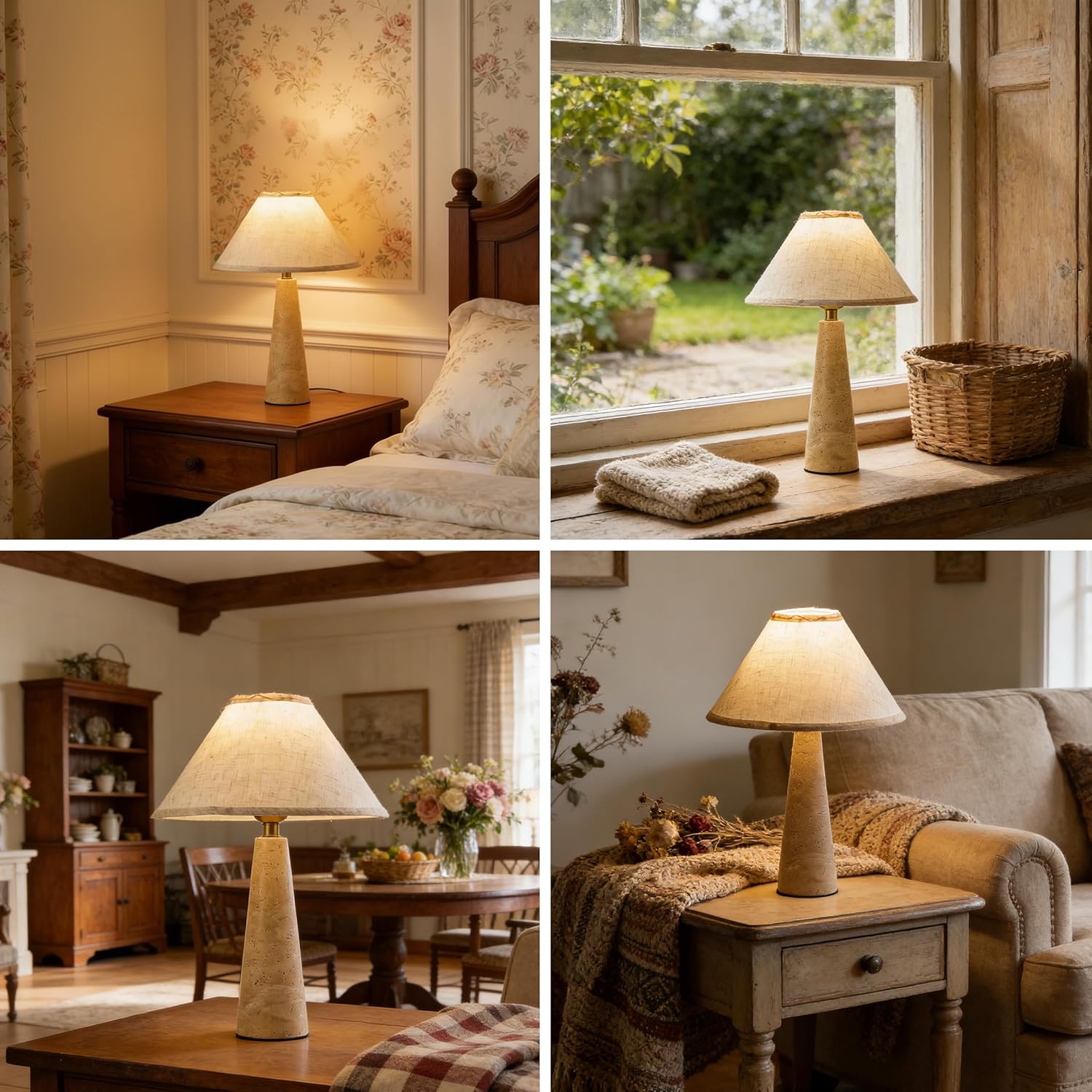 16.9 in Natural Stone Table Lamp, Wabi Sabi Travertine Light Fixture with Fabric Lampshade, Dimmable LED Stone Nightstand Light for Bedroom, Living Room, Dining Room