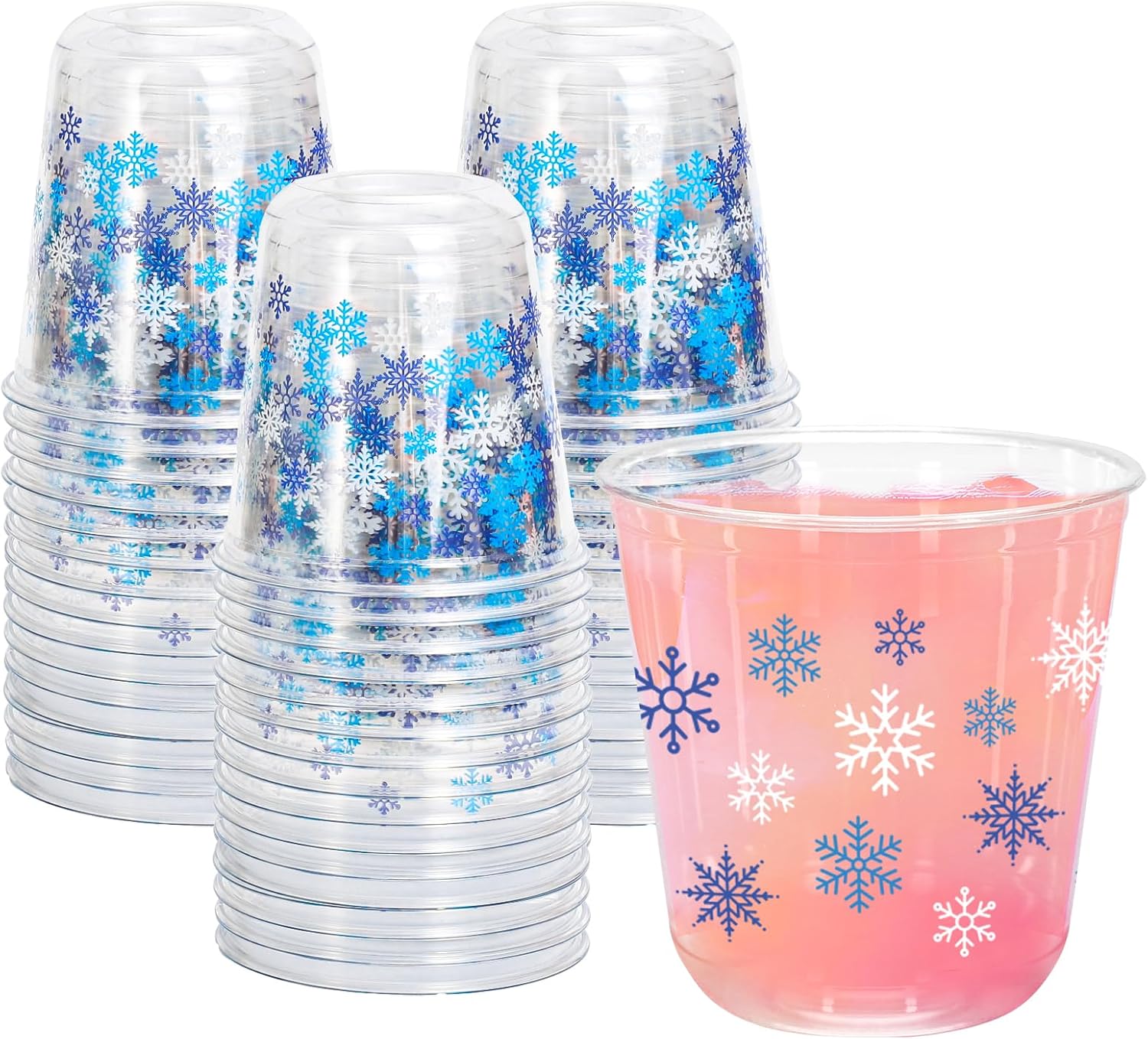 Whaline 50Pcs Christmas Plastic Cups 12 Oz Winter Snowflake Disposable Clear Stemless Wine Cocktail Glasses PET Drinkware Cups Set for Holiday Party Supplies