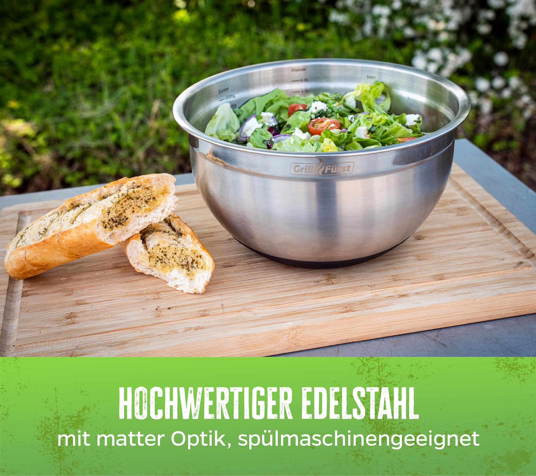 Grillfürst BBQ Edelstahlschüssel Set 3-teilig mit luftdichtem Glasdeckel und Messmarkierung - Rührschüsseln - Salatschüsseln - 1,25l, 2,25l, 4,0l