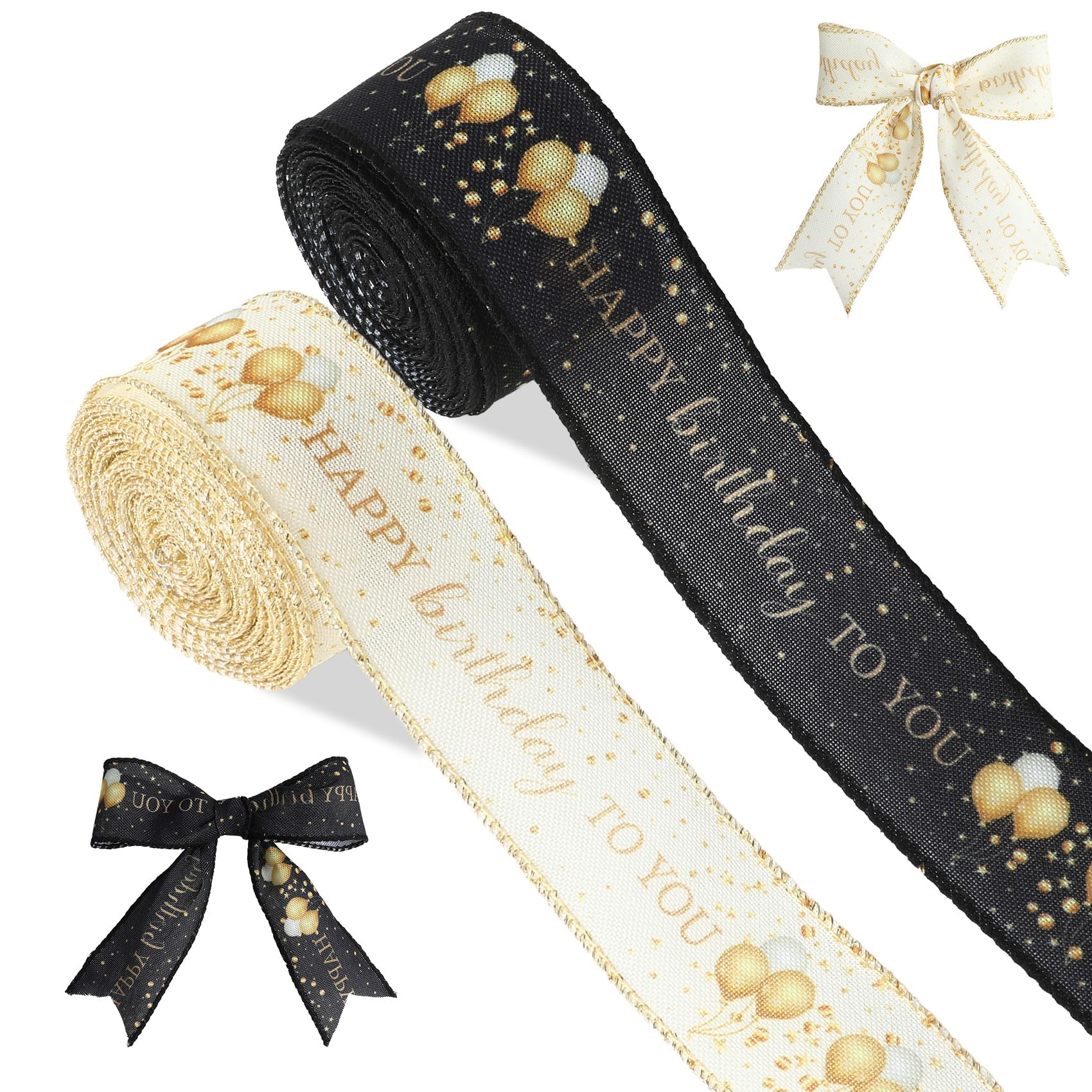 Happy Birthday Ribbon for Gift Wrapping 2 Rolls 10 Yards Black and White Gift Ribbon 1.5 Inch Birthday Burlap Wired Ribbons for Crafting Party Decortions Cake Box Wreath Bouquet Bows Making