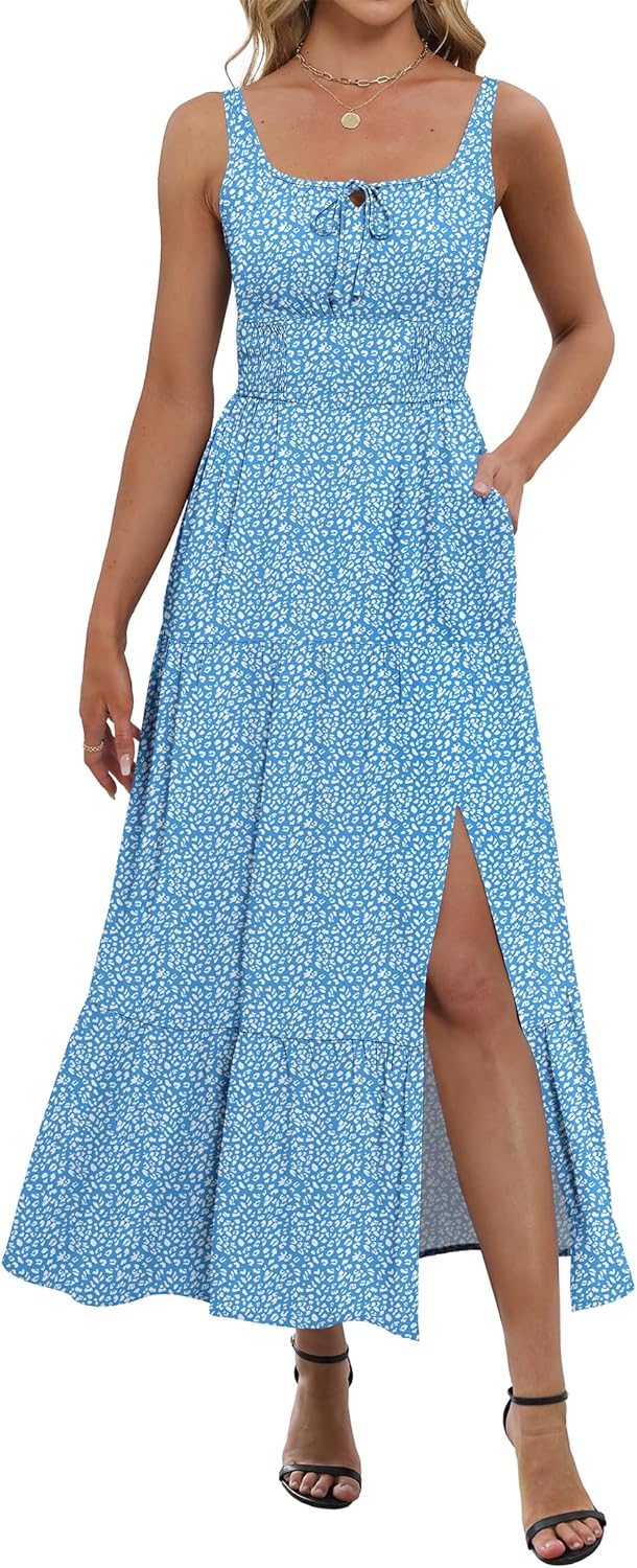 ANRABESS Women Summer Casual Floral Printed Square Neck Sleeveless Straps Elastic Waist Slit Beach Vacation Maxi Dress