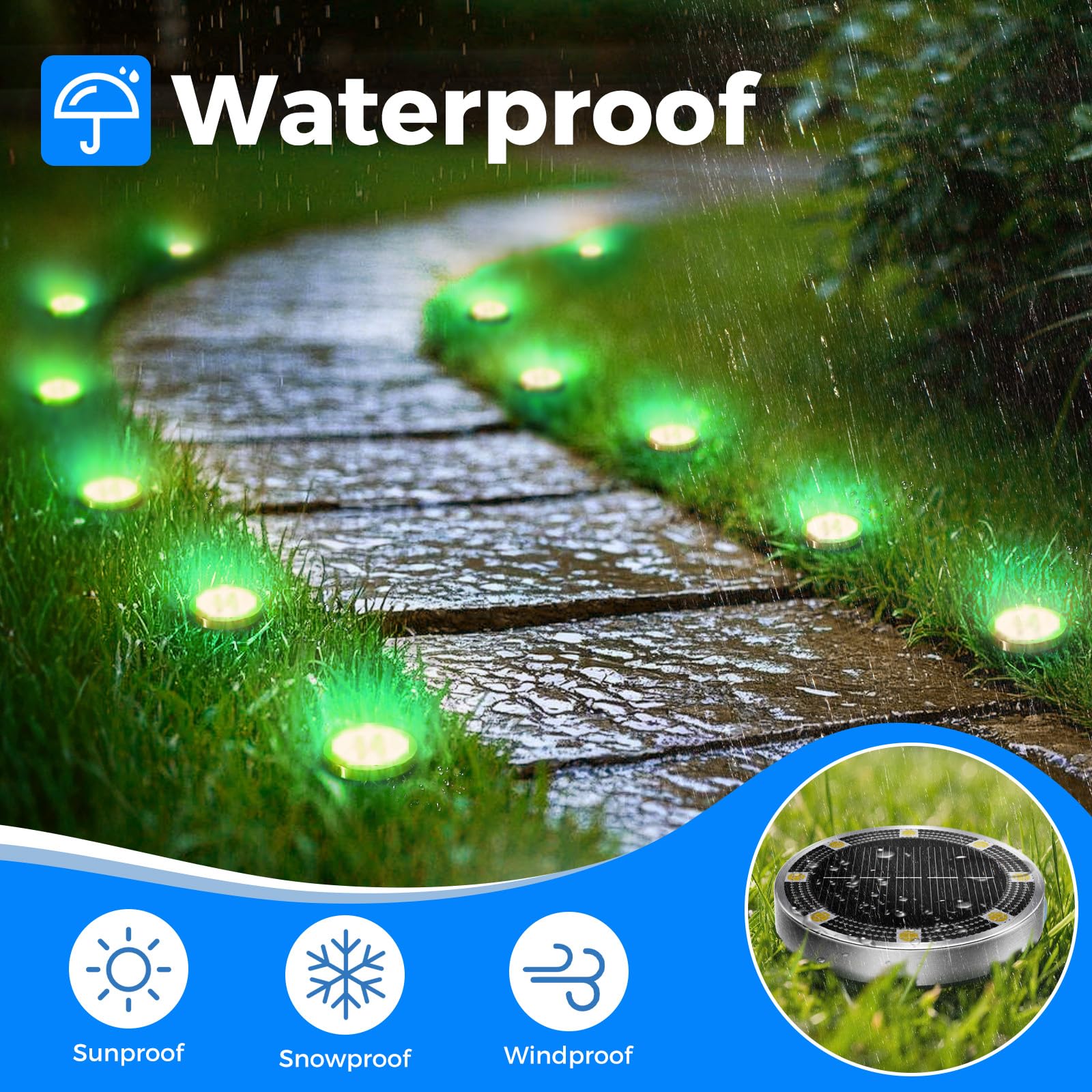 Peasur 6 Pack Solar Lights Outdoor Garden, Green Solar Ground Light, Waterproof Disk Lights for Pathway Patio, Yard, Lawn, Landscape - Image 2