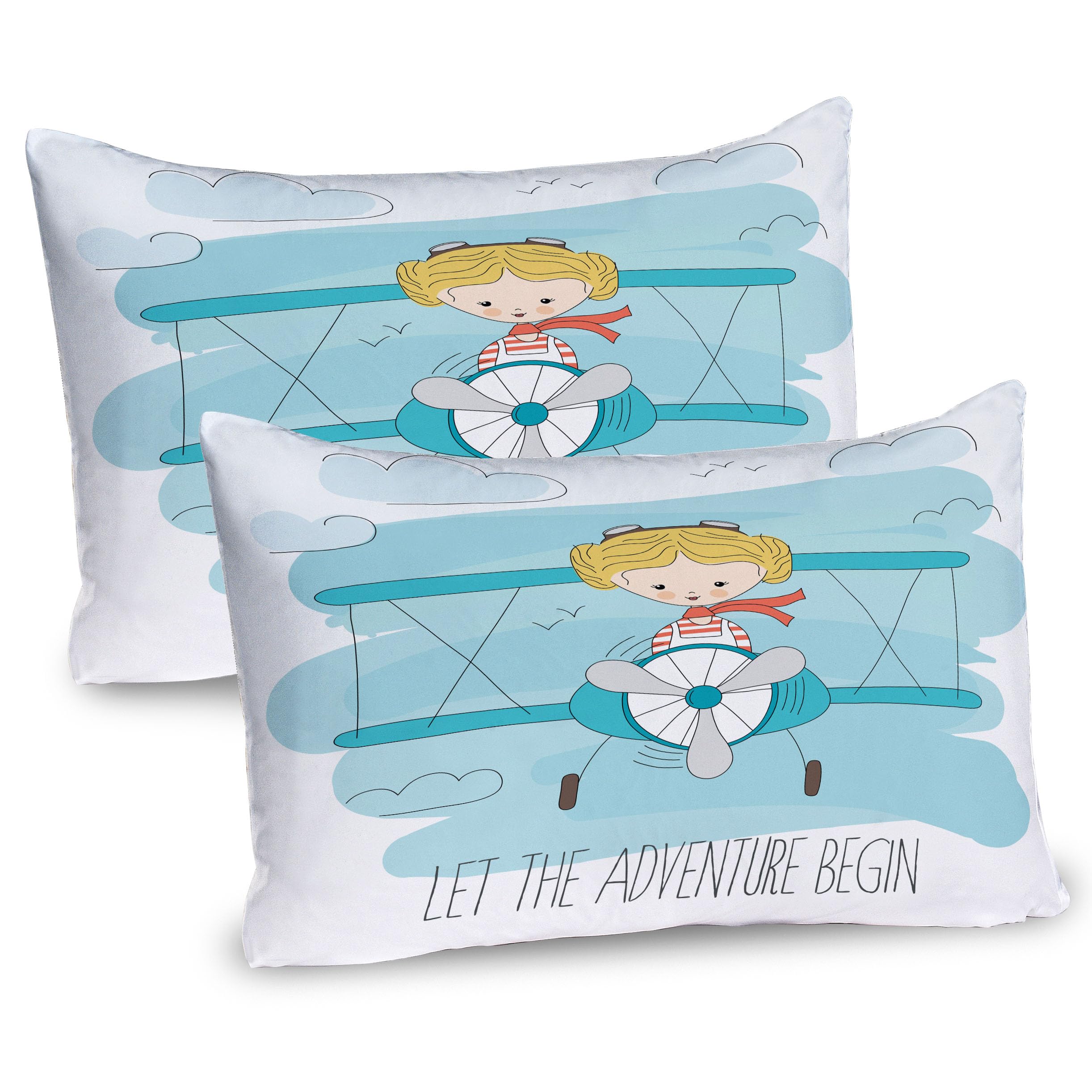Ambesonne Adventure Pillow Sham Set of 2, Girl Flying a Plane on Sky Cartoon Dream Imagination, Quality Microfiber Bedding Item for All Seasons, 30