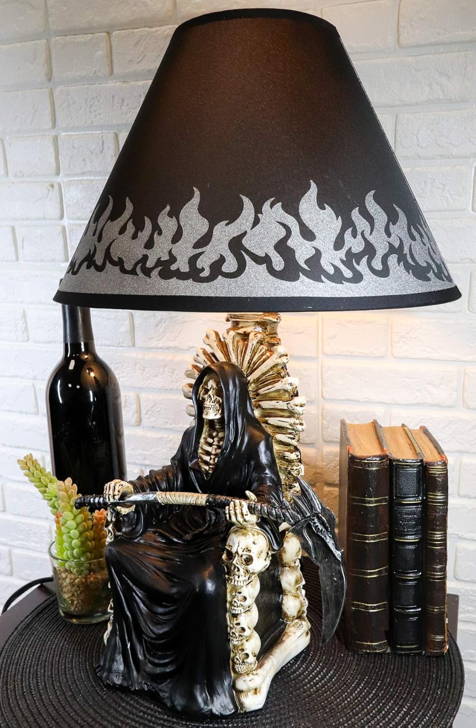 Ebros Gift Ghastly Wisdom Grim Reaper with Scythe Seated On Skulls and Skeleton Bones Throne of Justice Sculptural Desktop Table Lamp with Fabric Shade Ossuary Macabre Decorative Accent Light