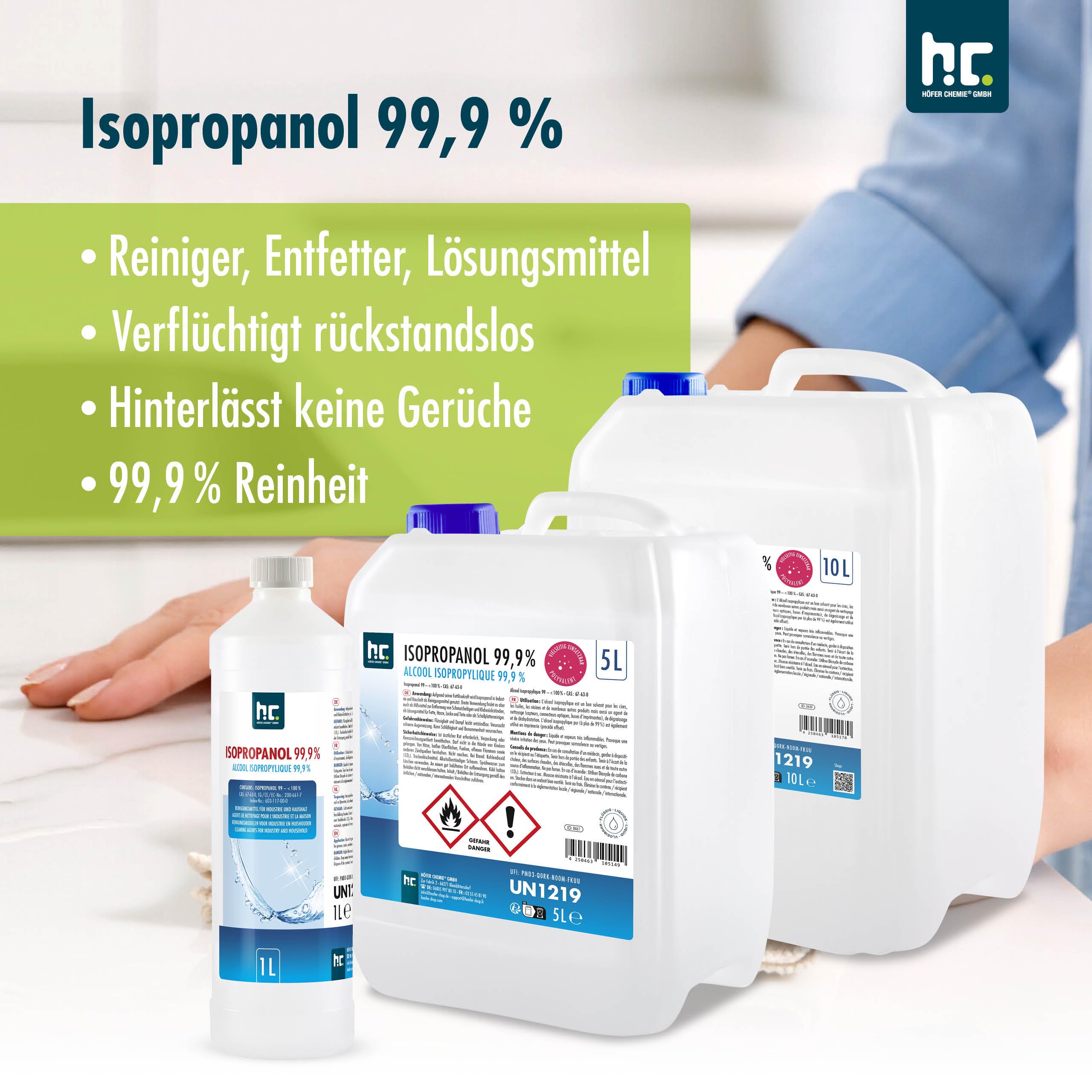 24 x 1 L Isopropanol 99,9% IPA von Höfer Chemie frisch abgefüllt in handliche 1 L Flaschen - perfekt als Lösungsmittel und Fettlöser geeignet