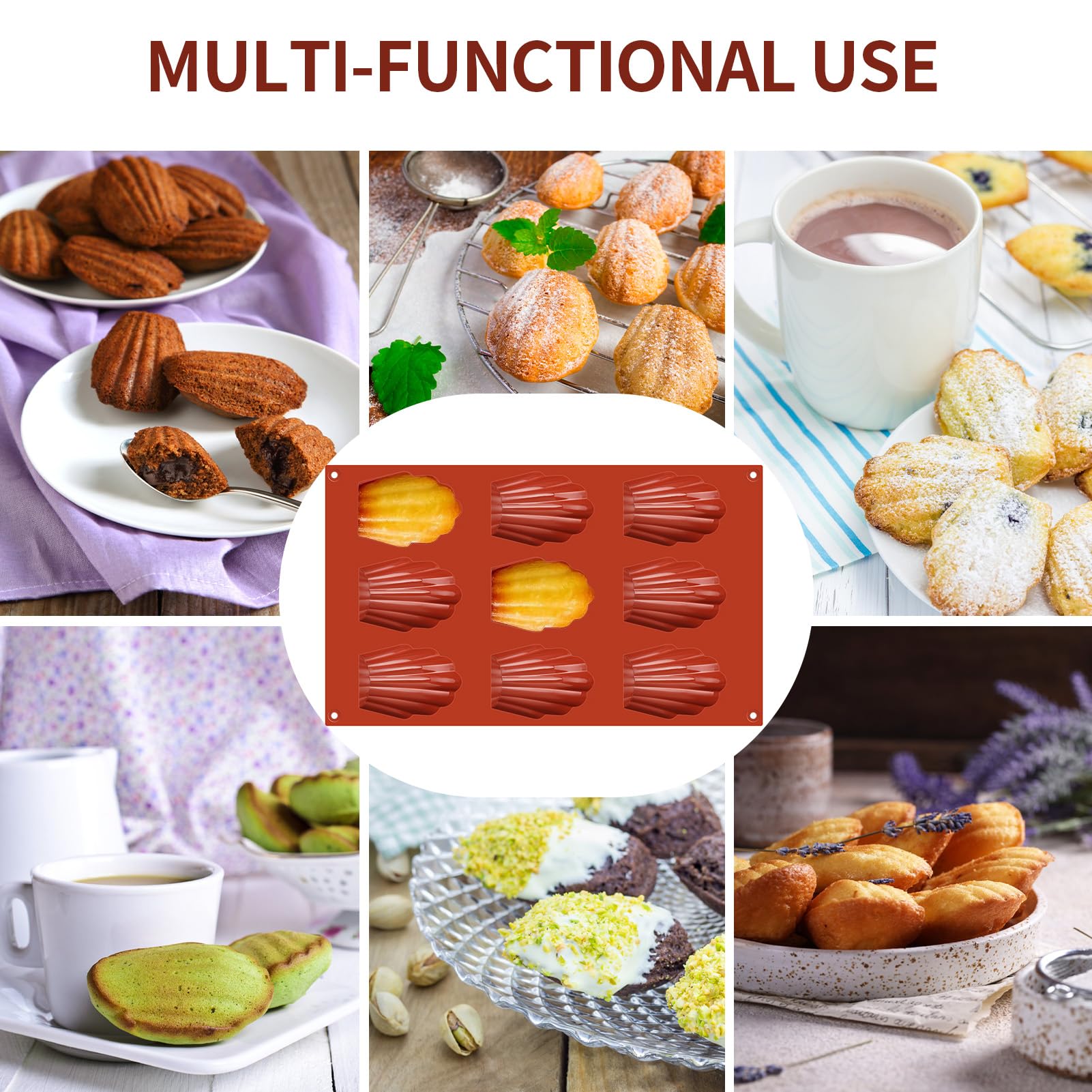 GlasFlength Madeleine silikonowe formy do pieczenia, 2 szt. Madeleines forma do pieczenia łap niedźwiedzia, 9 pustych przestrzeni z silikonowym pędzlem, wielokrotnego użytku, do ciast, czekolady