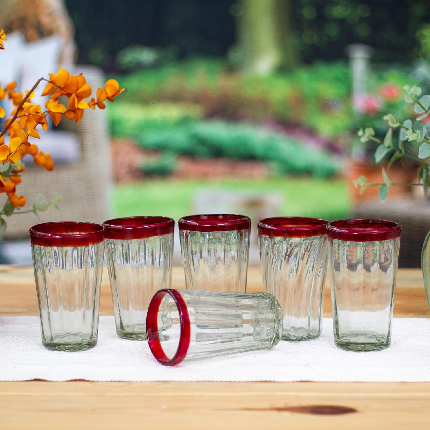 NOVICA Artisan Handmade Tumblers 6 Collectible Mexican Recycled Red Clear Glasses Mexico Tableware Drinkware Water Aurora Eco Friendly Hollywood Glam Handblown Christmas 1001 Summer Nights [ 6in H x ]