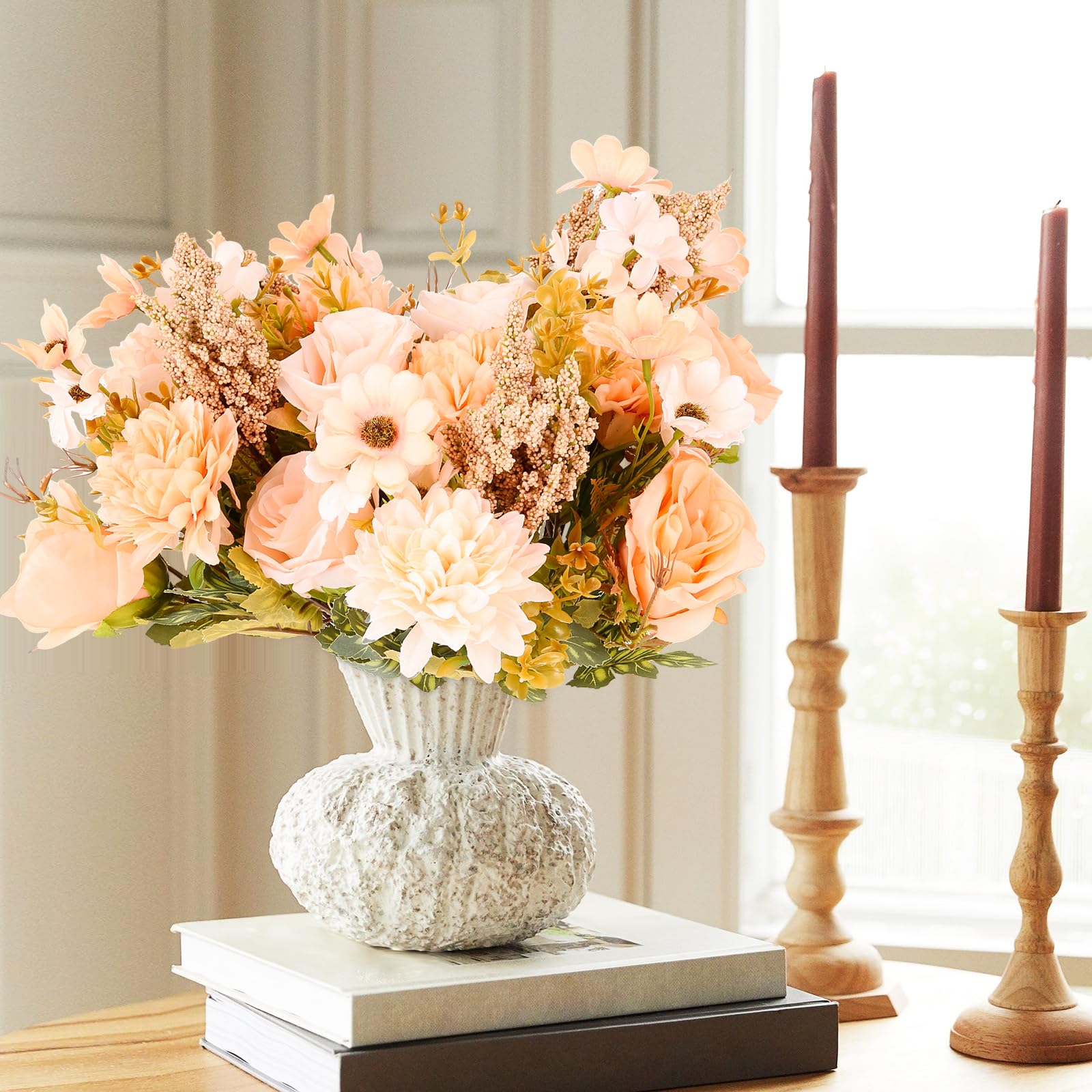 EUWLY 4 Bunches Rose Artificial Flowers, Real Touch Silk Fake Flowers with Stems Decor for Wedding Home Decor Vase Arrangement Centrepiece, Never Wilts