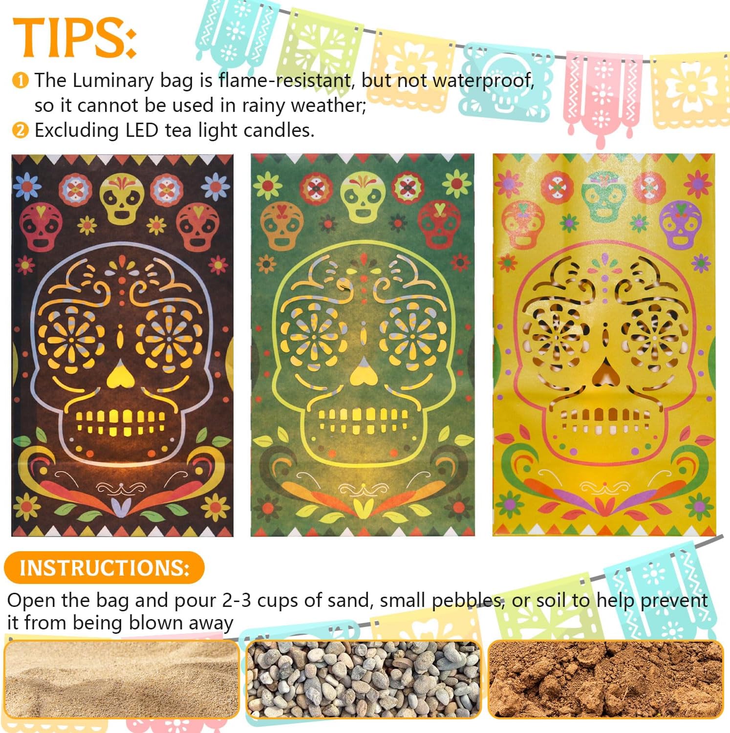 Dia De Los Muertos Decorations Luminary Bags-15 Pcs Diwali Flame Resistant Candle Bag-Halloween Day of The Dead Candy Bag for Mexican Fiesta Halloween Party Supplies