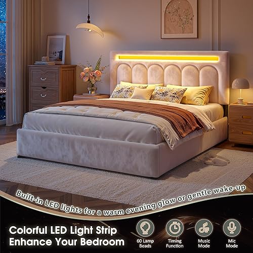 Miniatura 5 de Base de cama tapizada Queen con 4 cajones y cabecera de terciopelo, marco de cama de plataforma tamaño Queen con luces LED, soporte de listones de
