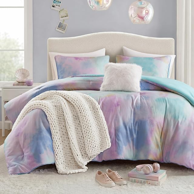 Intelligent Design Intelligent Design Watercolor Aqua Queen Tie Dye Comforter Set, 4pc | Teen Girl & Boys Dorm Full Bedding Set, All Season Down Alternative, Cozy, Machine Washable, Lightweight, Breathable, Comforter Set, Full/Queen, Aqua