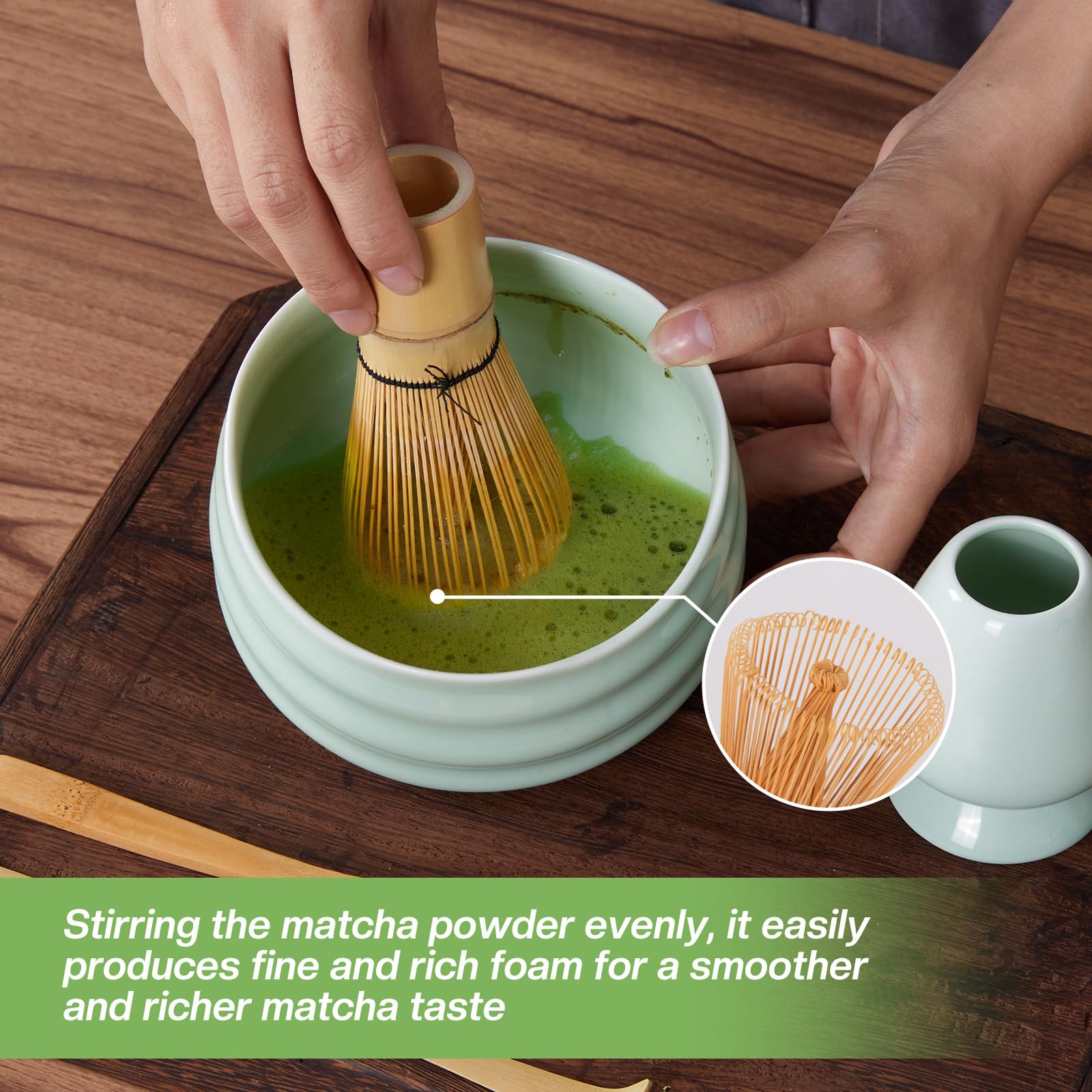 Zanfqvo Matcha-set, 4 stuks, matcha-garde, lepel, gardehouder (cyaan