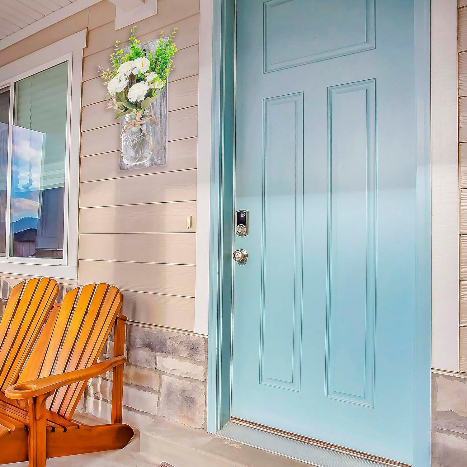 Rustic Wall Decor Mason Jar Sconces Decor with Remote Control Led Lights for Home Farmhouse Bathroom and Living Room Decorative.Shabby Chic Art Design Decorations (Grey Board with Peony)