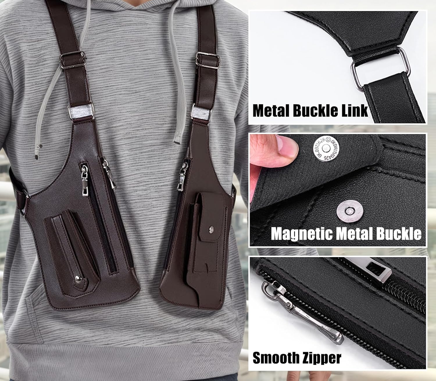 Double Shoulder Armpit Bag for Men, Anti-Theft Cross-Body Concealed Carry with Hidden Phone Wallet Pocket,Premium PU Leather Adjustable Shoulder Underarm Bag