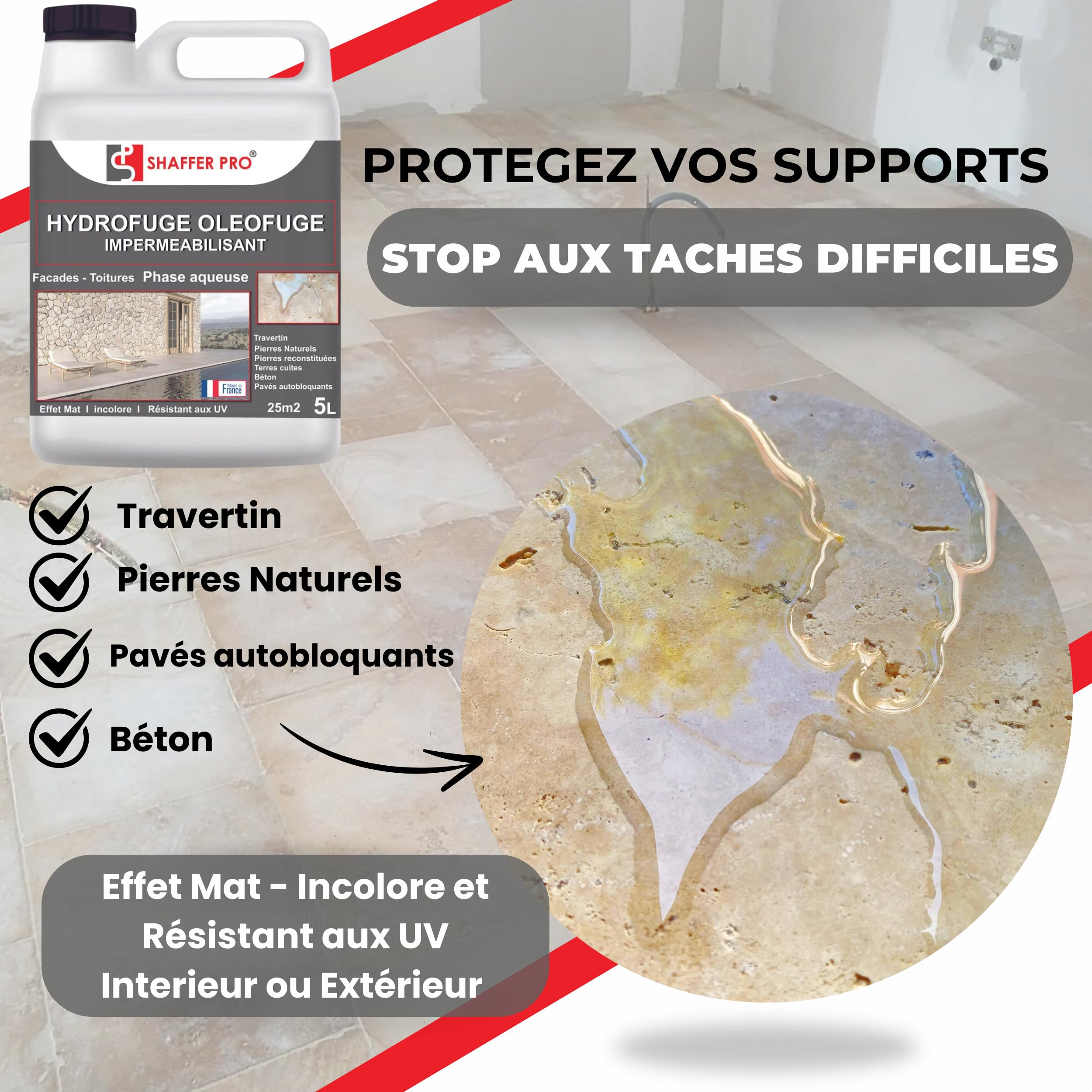 Hydrofuge Oléofuge Professionnel – Imperméabilisant Travertin, Pierre Naturelle, Façade, Carrelage Extérieur Terrasse, Dalle, Produit Sol Anti-Mousse – 5L – Made in France