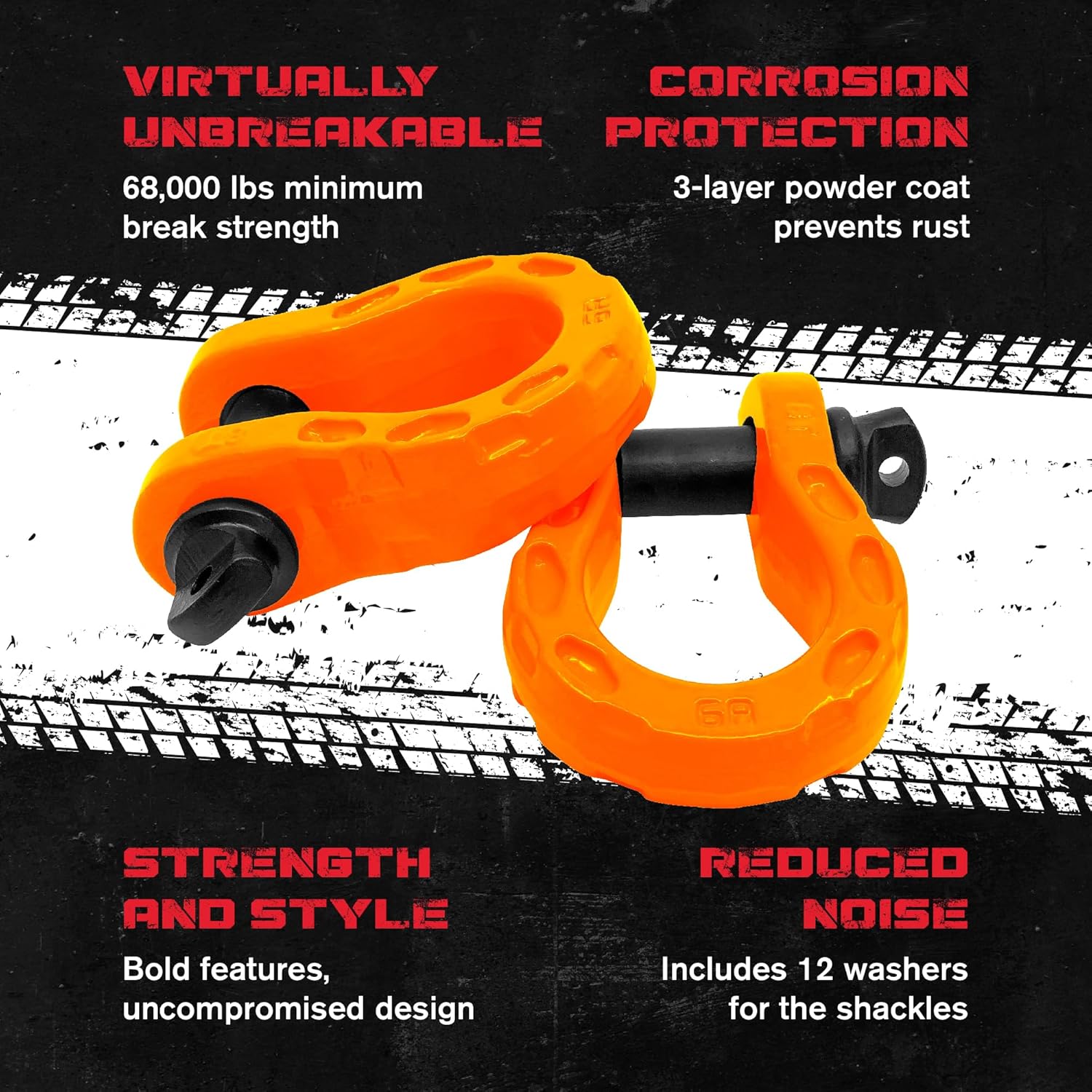 GearAmerica Mega D Ring Shackles - 68,000 lbs Towing Capacity, Stronger than 3/4″ D Rings - Tow Shackle Kit with 7/8″ Pin & Washers for Secure Connection of Tow Strap/Winch Rope in Off-Road Recovery