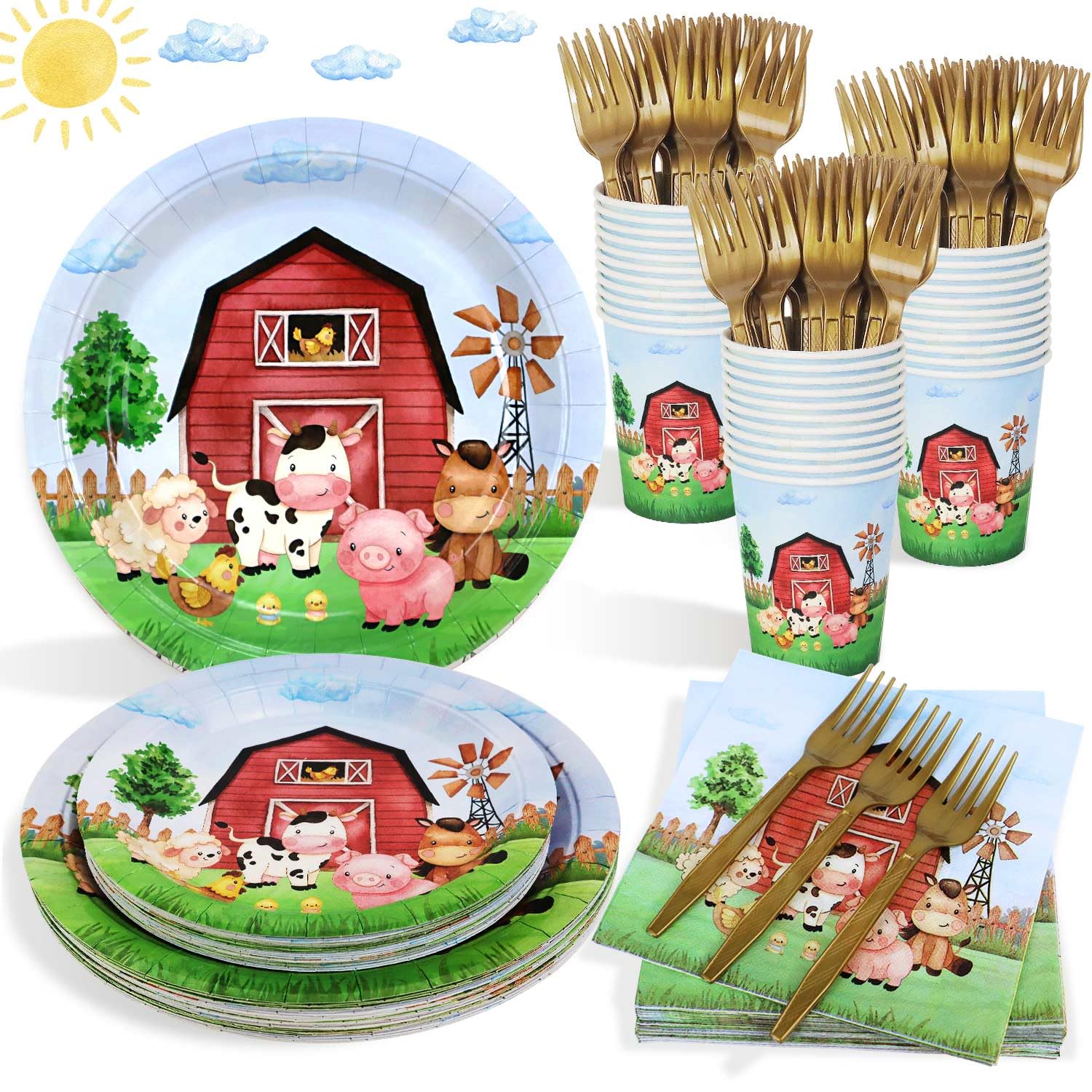 Heboland Farm Birthday Party Supplies Tableware Set for 25 Guests, Farm Birthday Decorations 100Pcs Barnyard Party Plates Cups and Napkins for Baby Shower Kids Decorations Supplies