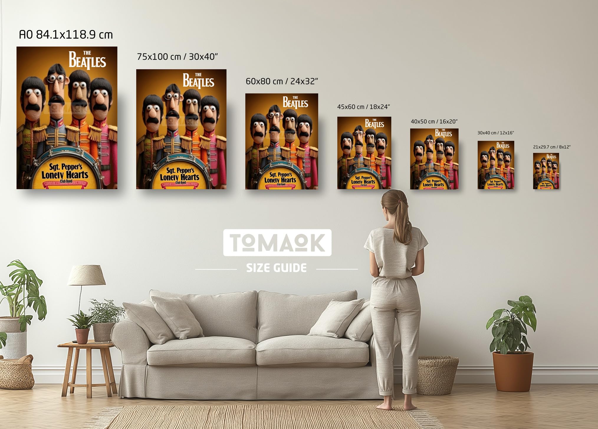 Tomaok Poster The Beatles (cornice non fornita), album sergente Pepper's Lonely Hearts Club Band, fumetto umorismo, fan rock pop, bambola, arte murale