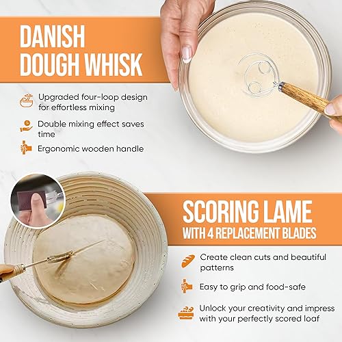 Miniatura 7 de Kit completo de iniciación de masa madre y suministros para hornear pan de masa madre, incluye cesta de prueba Banneton de 9 pulgadas, tarro de Kit