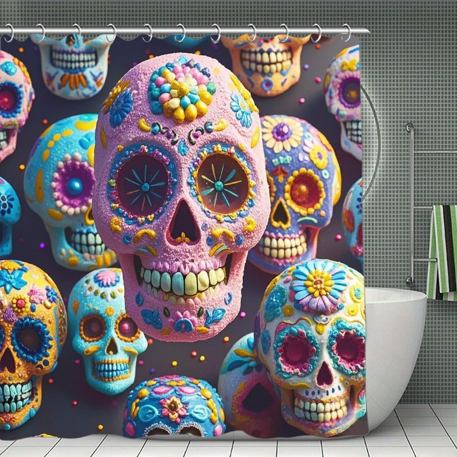 FekiLoot Sugar Skull Shower Curtain Minimalist Aesthetic Bath Curtain with Hooks Simple Water Resistant Bathroom Shower Curtains Cute Blackout Privacy Curtains Cloth Curtain