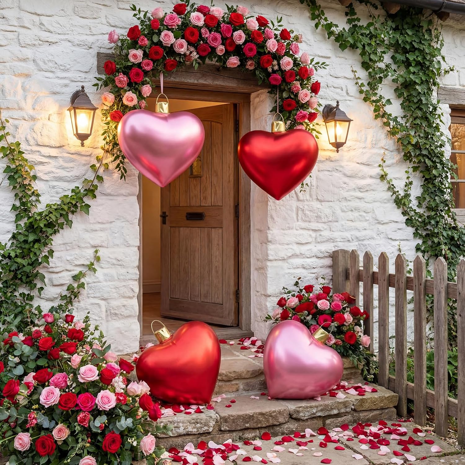 Jetec 4 Pcs 17" Valentine's Day Inflatable Ornament with Glitter Cloth Cover, Large PVC Heart Blow up Ornaments Blow Ball for Yard Outdoor Lawn Porch Decorations (Heart,Red,Pink)