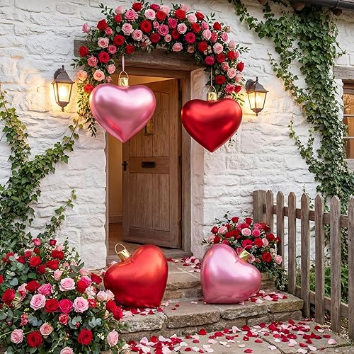 Miniatura 6 de Jetec 4 adornos inflables para el día de San Valentín de 17 pulgadas con cubierta de tela con purpurina, adornos grandes de PVC para decoración de