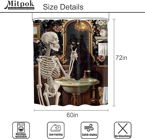 Miniatura 5 de Cortina de ducha gótica de calavera de gato negro, 60 pulgadas de ancho x 72 pulgadas de alto, divertido esqueleto espeluznante, gatito, floral,