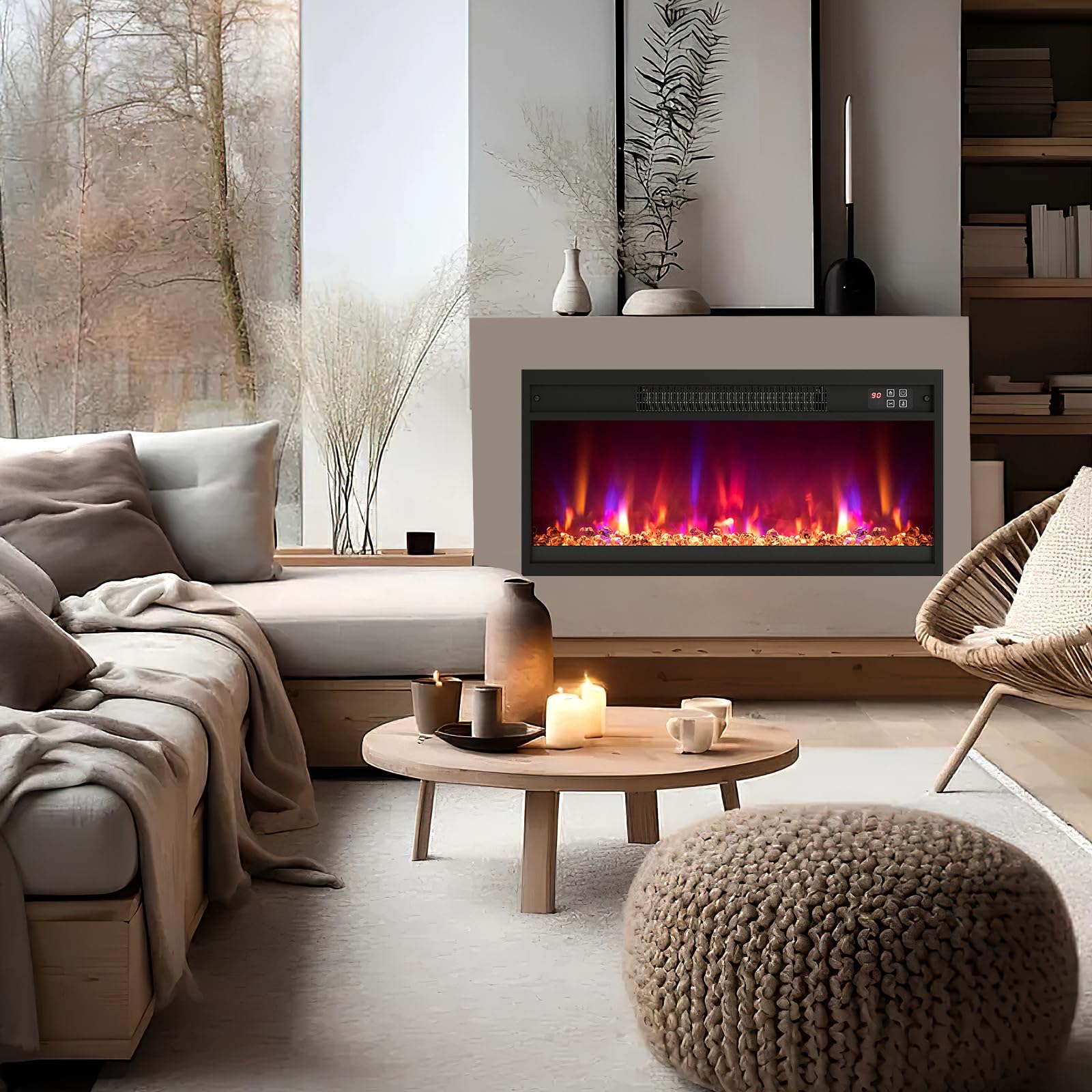 RELAX4LIFE 26" Elektrokamin mit heizung, schwebender Kamin mit LED-Ambientelicht & 3D-Flammeneffekt & Kristall-Glutbett, Deko Wandkamin mit Fernbedienung, 1500 W, 8 Flammenfarben, 9H-Timer, 17℃-32℃