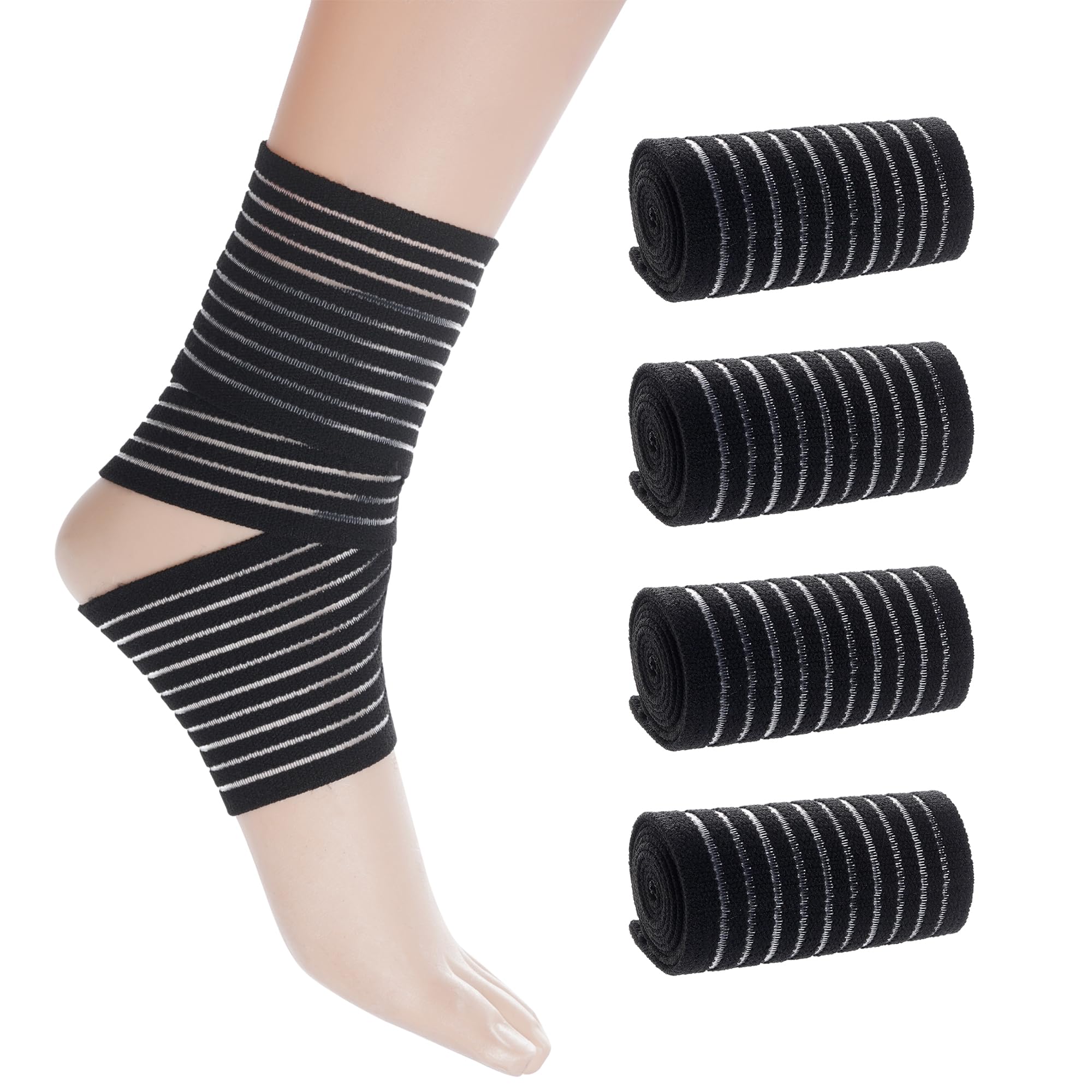 Rbenxia 4 Pieces of Black Elastic Ankle Compression Bandage Adjustable Ankle Strap Heel Brace Wraps Breathable Ankle Band for Stabilising Ligament, Joint Pain, Sport (70 cm)