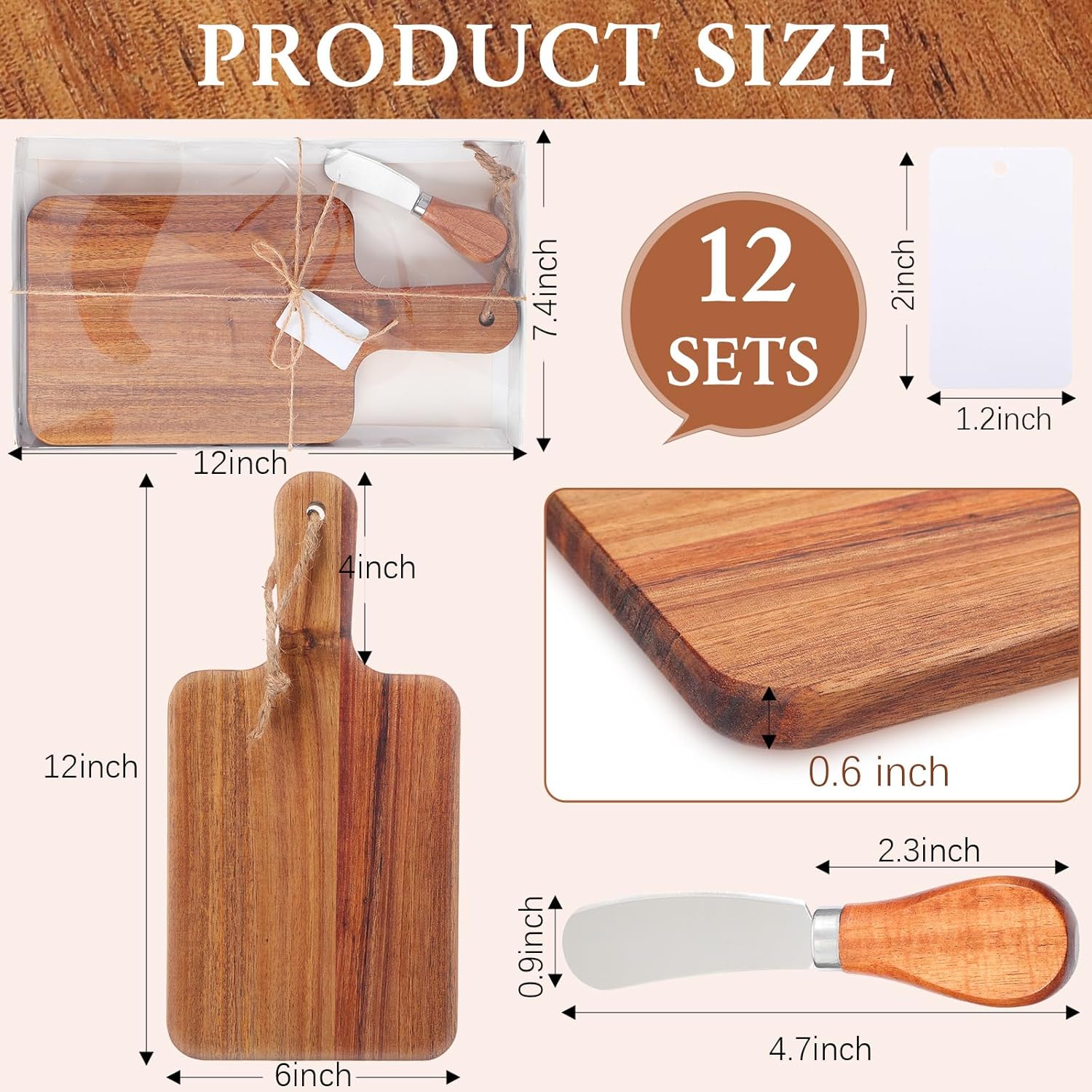 Geetery 12 Set Charcuterie Boards Bulk Acacia Wood Mini Cutting Board Gift Set with Knives, Gift Box, Card Small Cheese Serving Tray Board for Bridal Baby Shower Wedding Housewarming Favors(12 Inch)