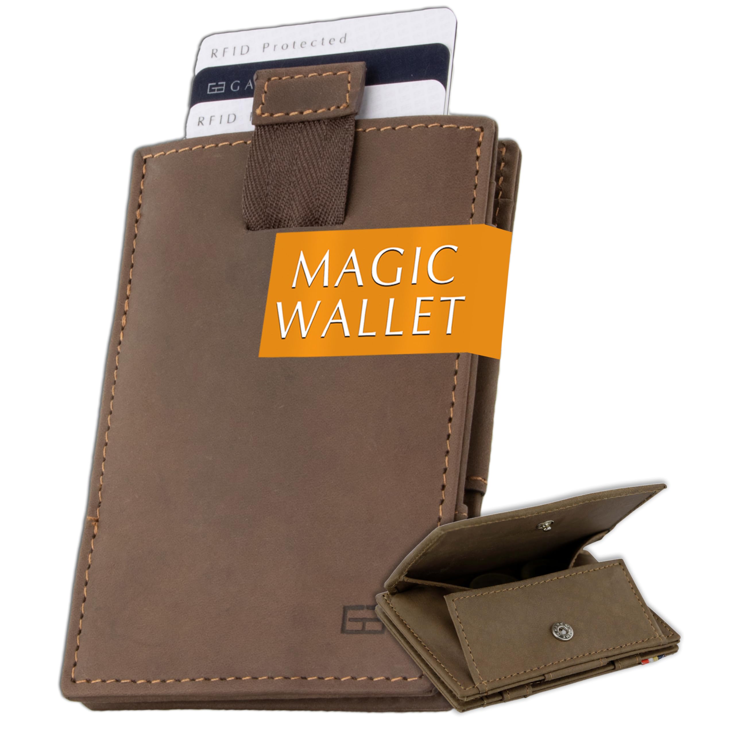GARZINI Portafoglio Magico - in vera pelle, sottile e minimalista Magic Wallet da uomo con sistema di blocco RFID, custodia per le carte, linguetta di estrazione e portamonete
