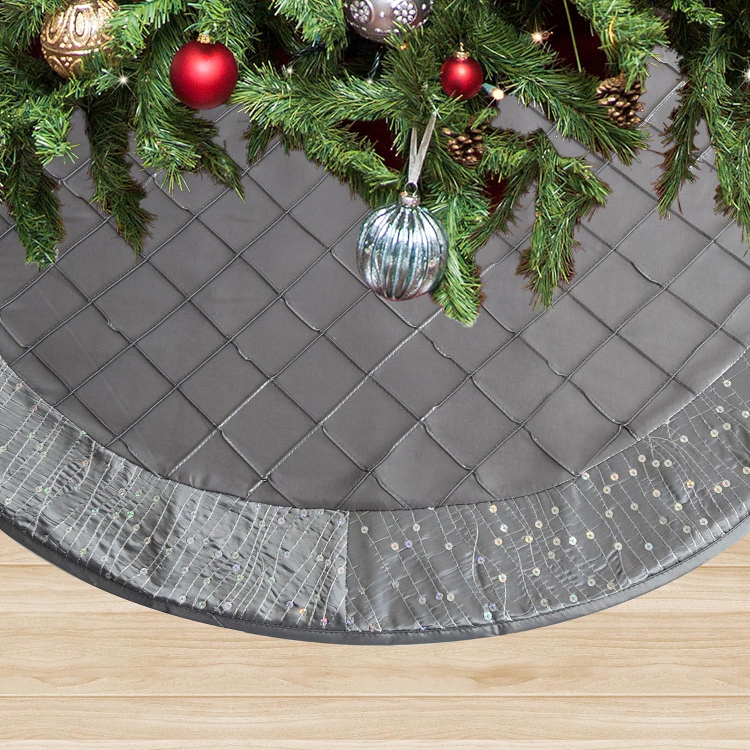 Silver Handcraft Pintuck Center, Sparkle Glitter Sequin Blingbling Border Christmas Tree Skirt,Xmas Christmas Holiday Party Decoration-36inch