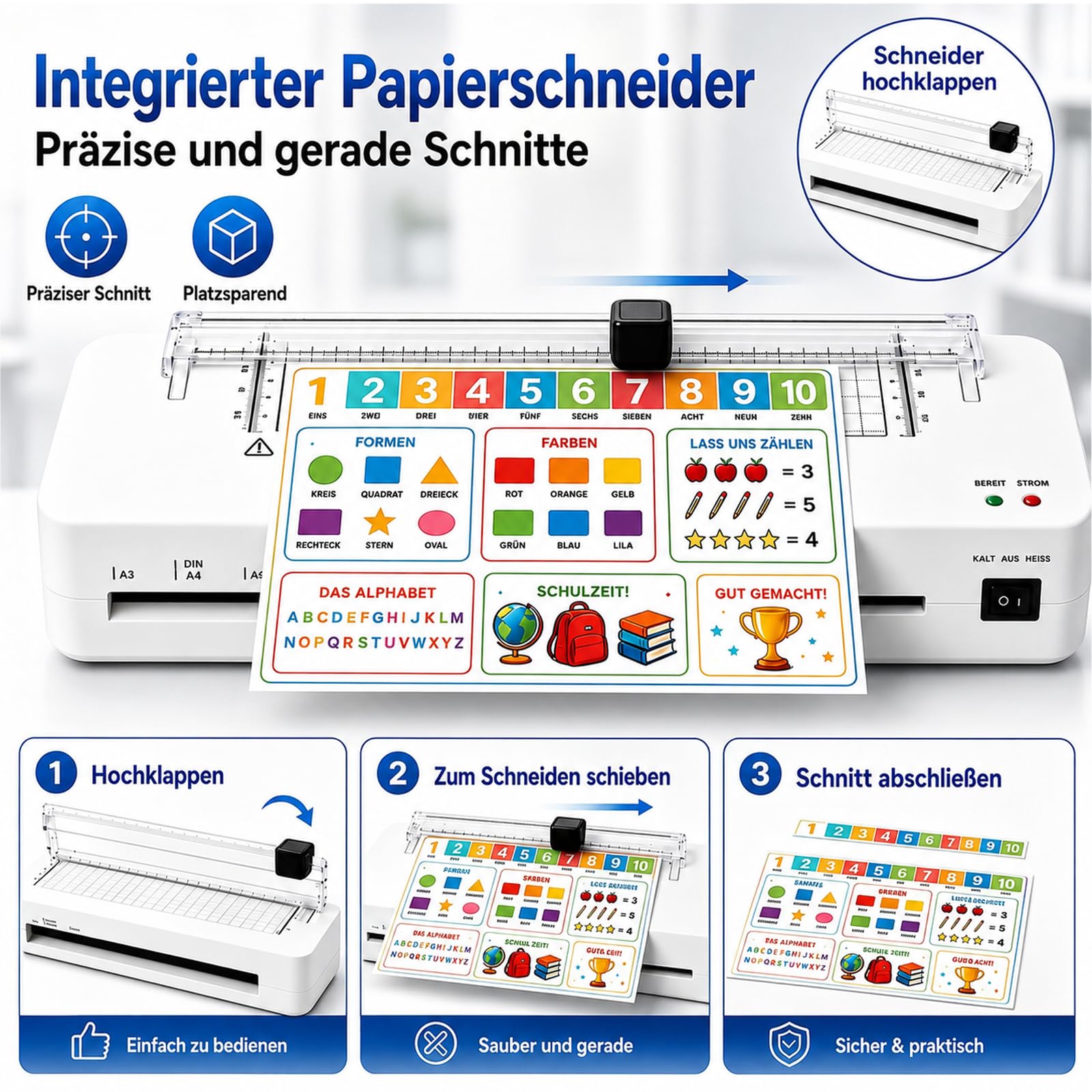 Laminiergerät, Laminiergerät A3 Laminiermaschinen mit Eingebauter Papierschneider und Laminierfolien A3 A4 A5 A6 für den Heimgebrauch Büro Schule Fotos