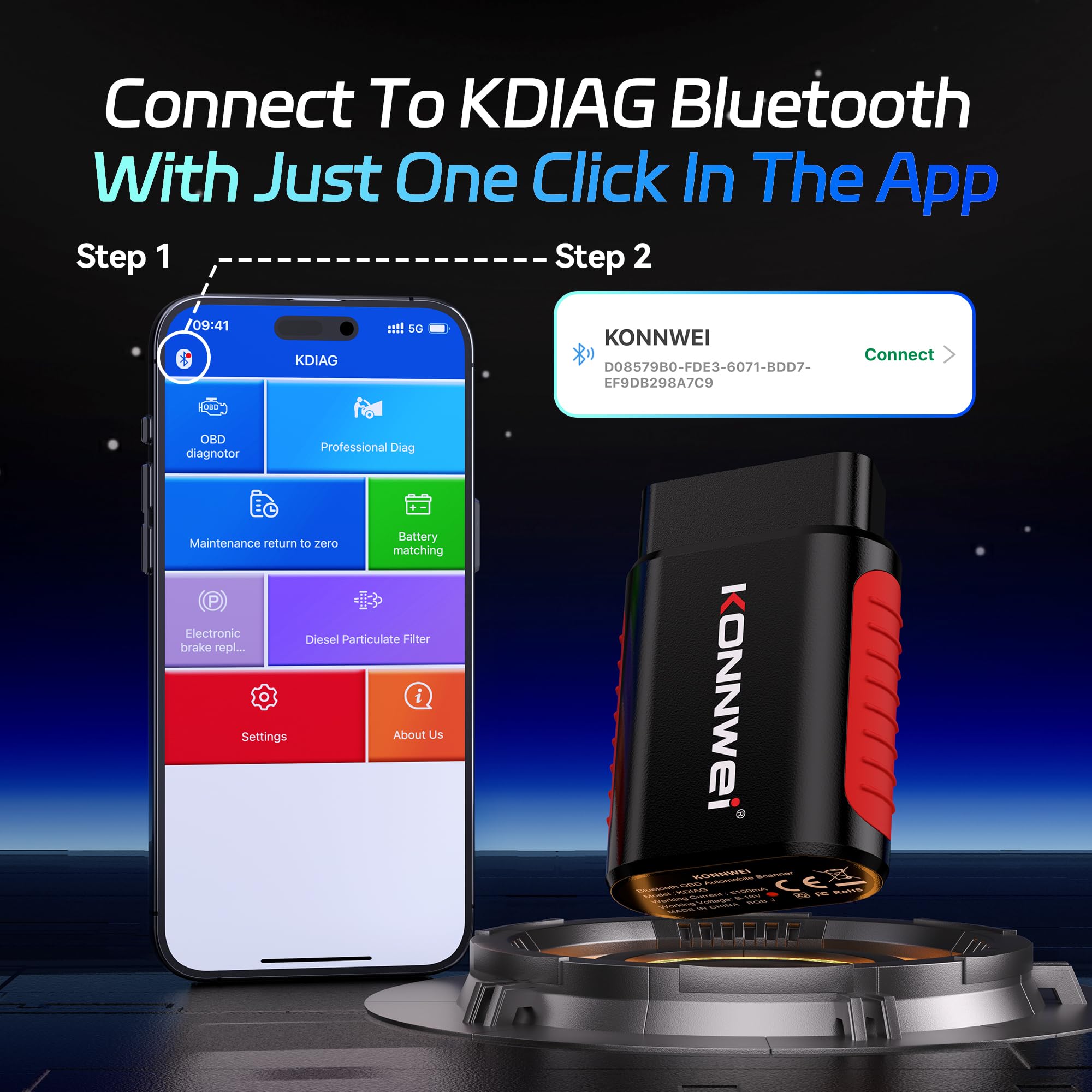 KONNWEI OBD2 urządzenie diagnostyczne do samochodu, OBD2 Bluetooth 5.2, adapter do iOS i Android, z pełną diagnostyką systemu i 5 funkcjami serwisowymi, nie wymaga subskrypcji