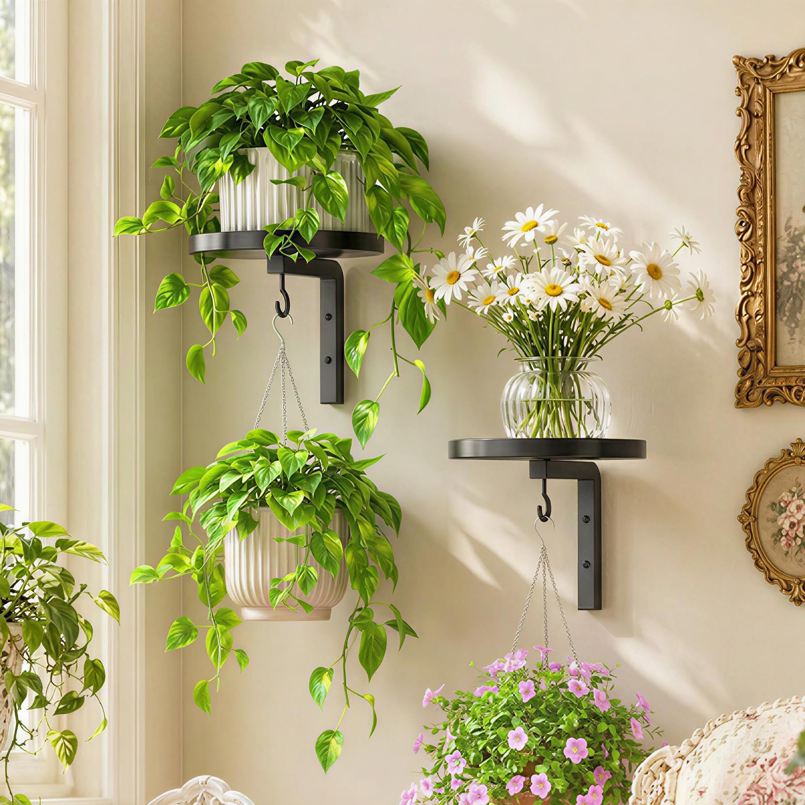 2 PCS Wall Hanging Indoor Planter Holder, 2-in-1 Wall Plant Holder for Outdoor, Heavy Duty Plant Holder, Carbon Steel Plant Shelf for Living Room Bedroom Decor, Plant Hanging Basket-Black 21.8 x 17cm