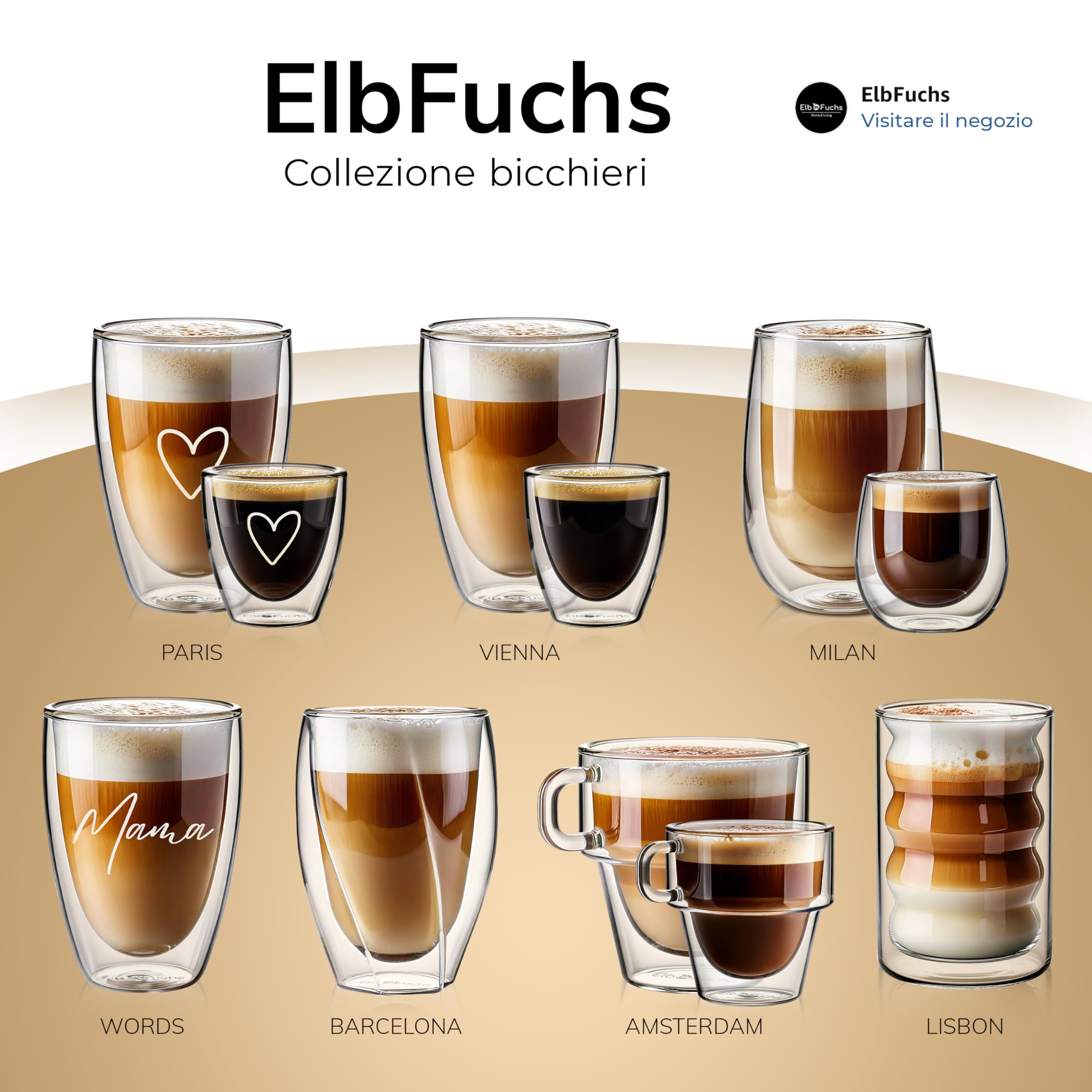 ElbFuchs® Set di tazze da espresso [4 x 150 ml] impilabili | Bicchieri da caffè espresso a doppia parete con manico | Bicchieri termici a doppia parete | ideali come bicchieri da caffè espresso