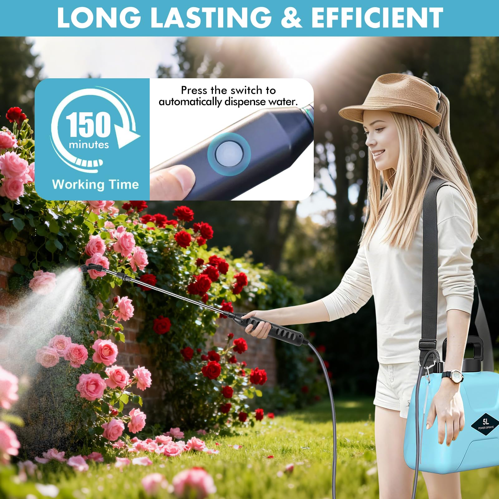 Nikou Pompa Irroratrice a Batteria 5Litri, Spruzzatore Elettrico da Giardino Spruzzatore a Pressione con 3 Ugelli, Lancia Telescopica, Spruzzino Nebulizzatore Piante per Prato Irrigazione Diserbo