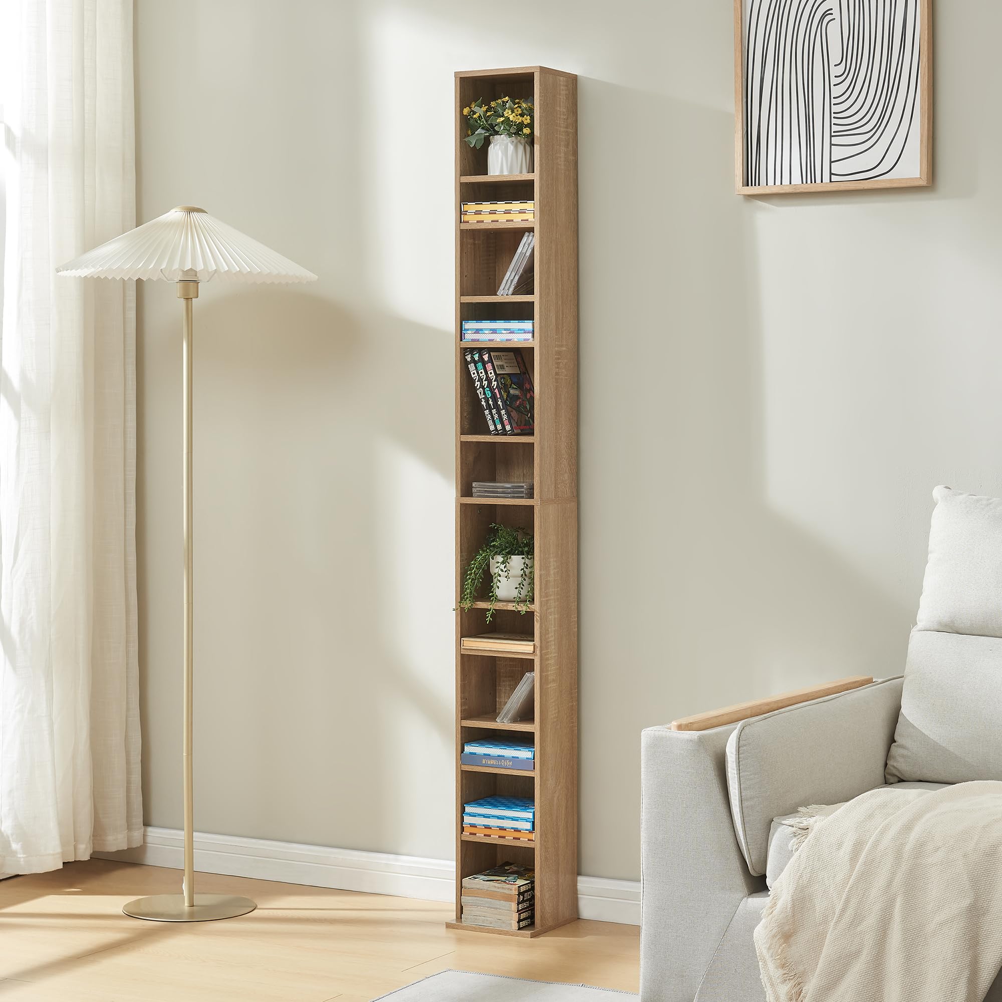 [en.casa] CD Regal Tynset DVD Regal mit 12 Ablagefächern CD Aufbewahrung 175 x 20 x 20 cm Standregal höhenverstellbare Regalböden Sonoma-Eichenoptik : 