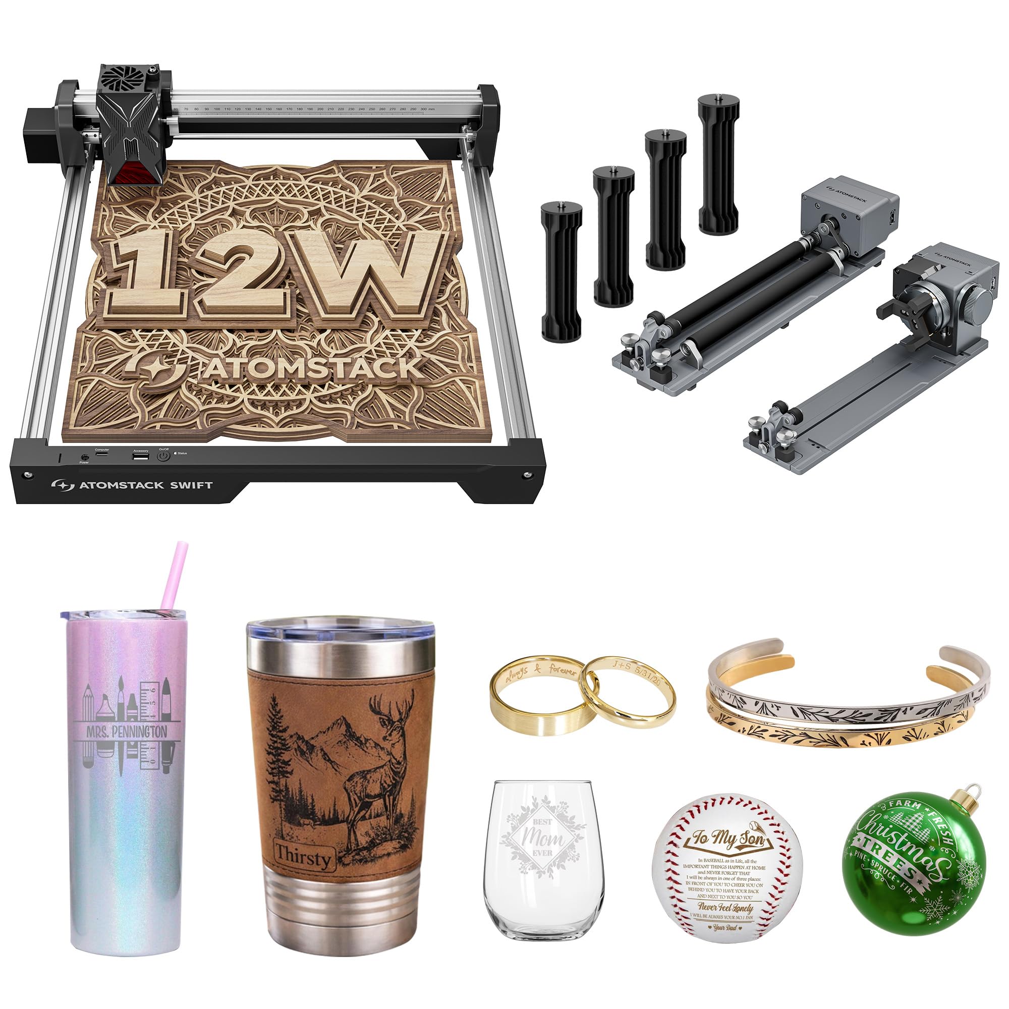 AtomStack Swift 12W Graveur Laser avec R8 Pro Kit Rotatif 2-en-1 (Rouleau & Mandrin), Idéal pour la Gravure de Bagues, Sphères, Tasses et Objets Longs (1m), Machine Polyvalente