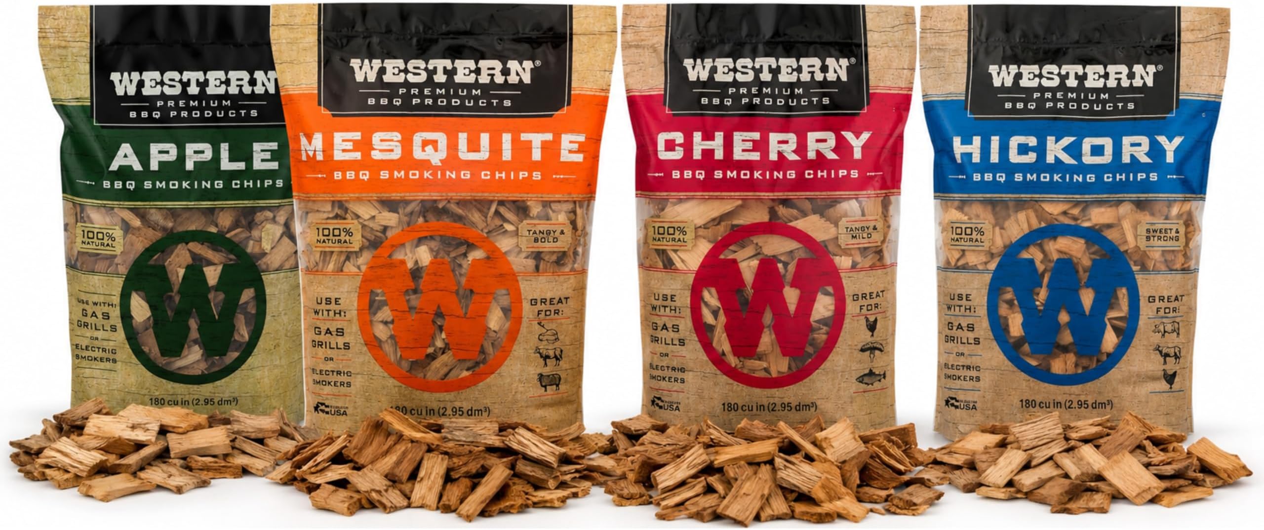 Western BBQ Smoking Wood Chips Variety Pack Bundle (4)- Apple, Mesquite, Hickory, and Cherry Flavors (Original Version)