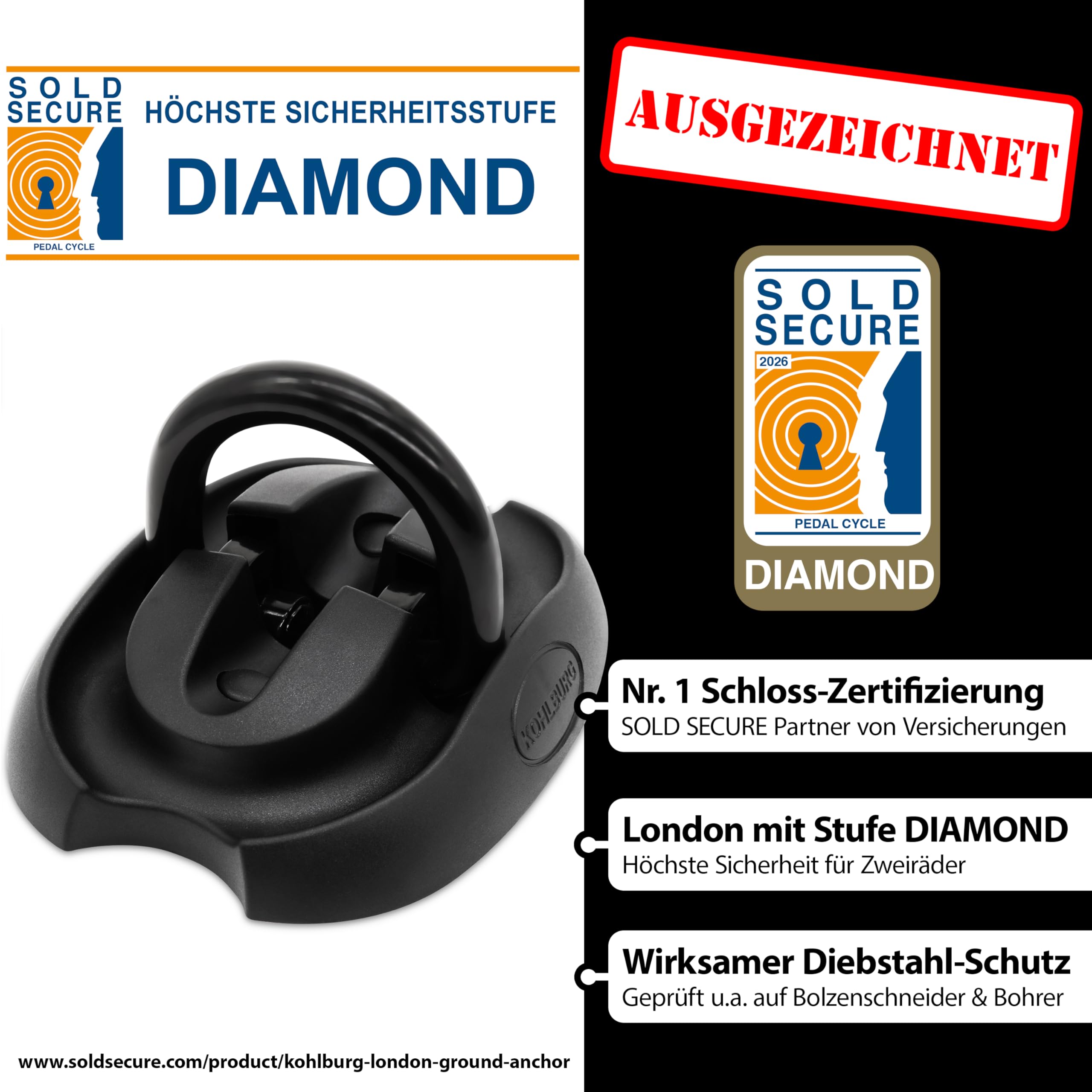 KOHLBURG Sicherheits- Bodenanker & Wandanker mit höchster Sicherheitsstufe 15 – Anker für Motorrad Scooter E-Bike & Fahrrad mit 14mm Spezialstahl Bügel – Fahrradschloss Wand & Boden in Keller & Garage