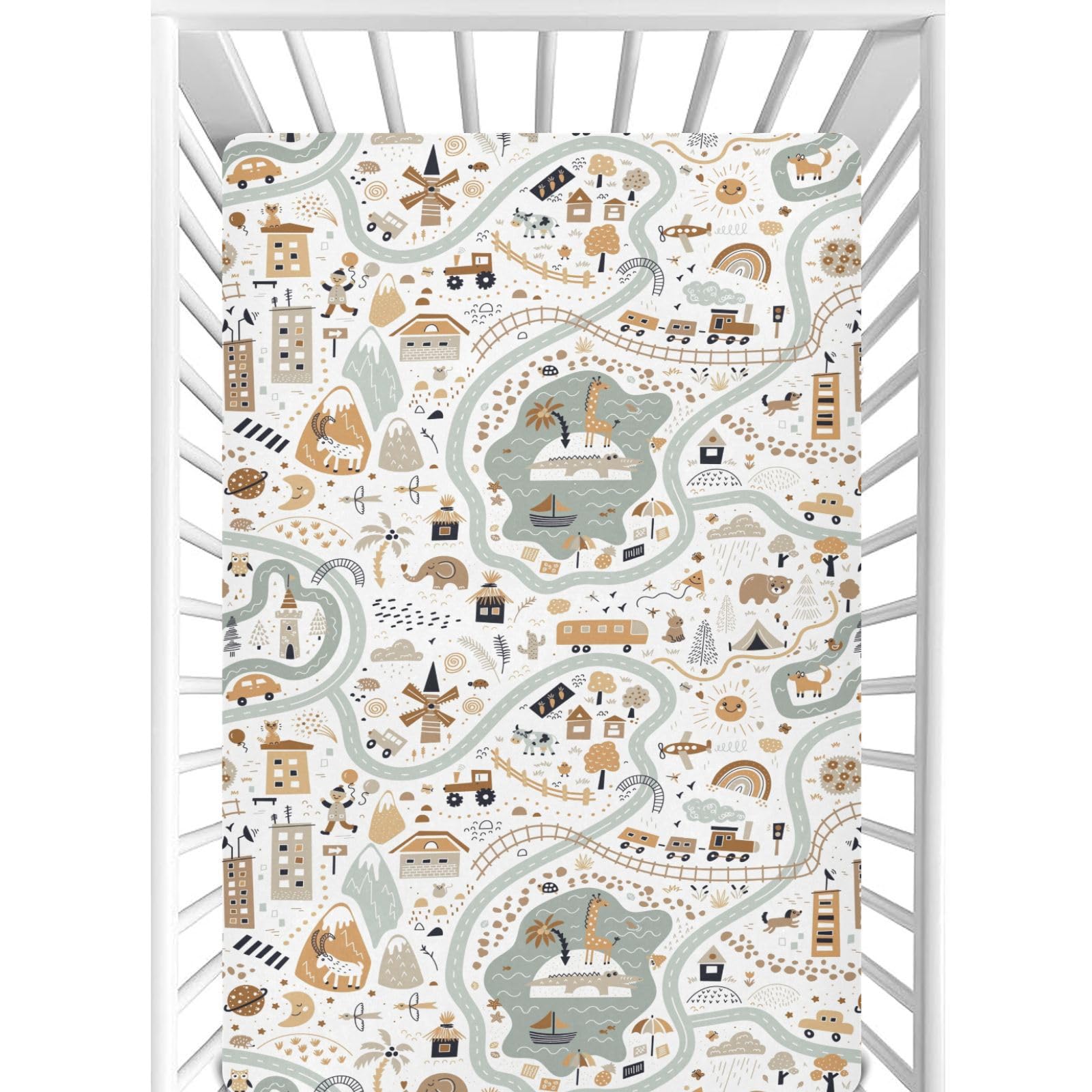 CaTaKu World Map Animal Crib Sheets for Girls Boys,Baby Crib Fitted Sheets for Mini Crib and Toddler Mattress, Soft Baby Nursery Bed Sheets Neutral 28"x 52"