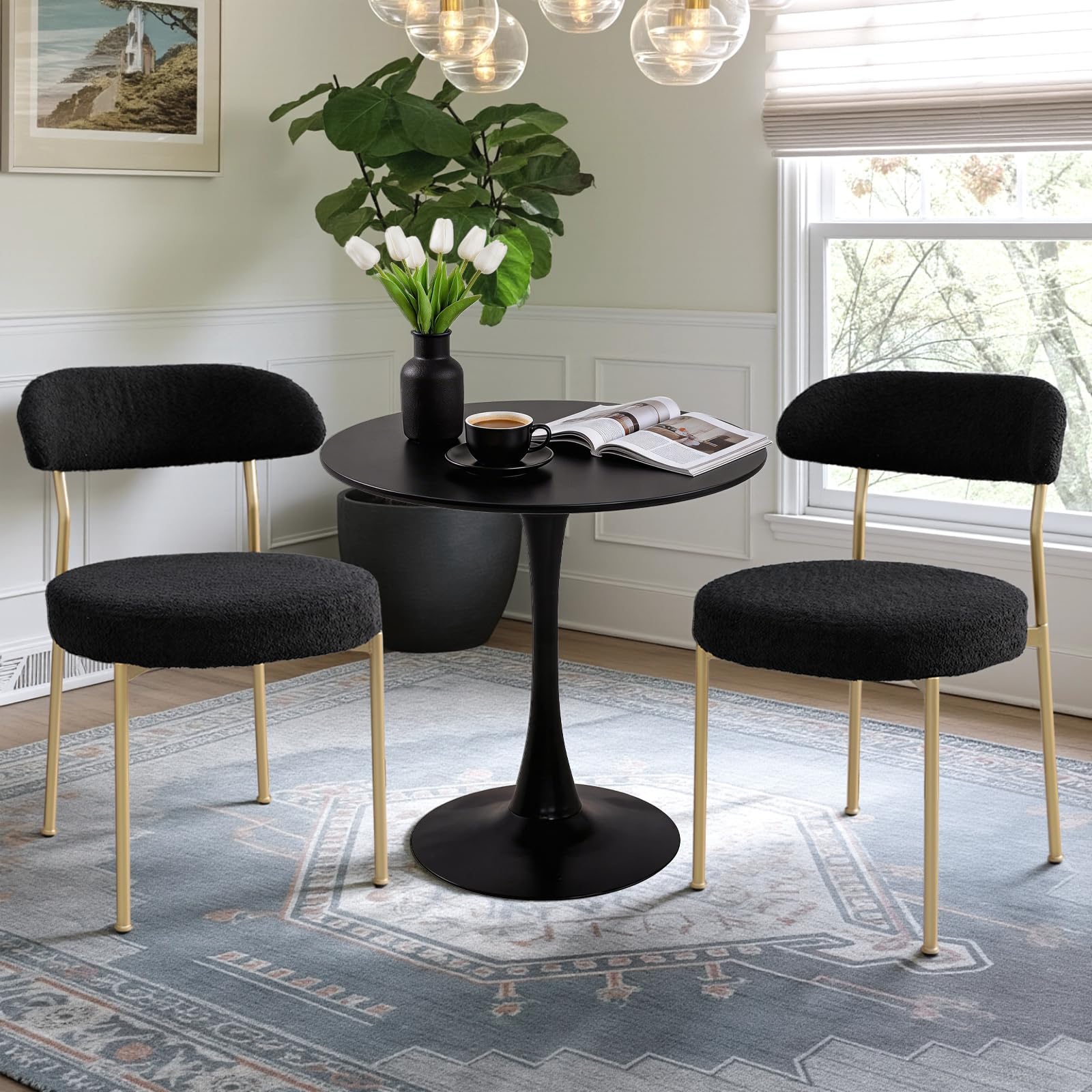 SoarFlash Kitchen Table and Chairs for 2, 24" Dining Table Set for 2 with Velvet Upholstered Chairs, 3 Piece Round Kitchen Table Set, Dining Room