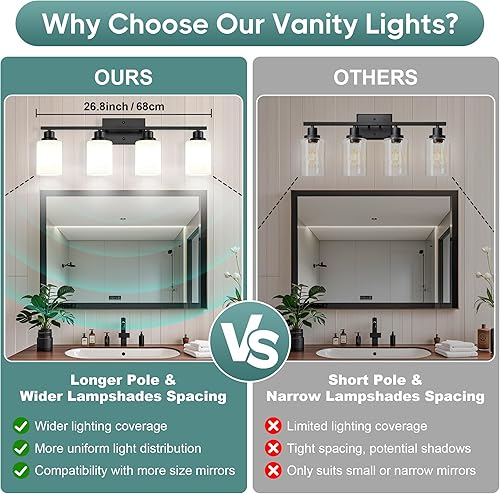 Miniatura 3 de Ascher Lámparas de baño, lámpara de tocador de 4 luces sobre espejo, apliques de pared negro mate con pantallas de vidrio esmerilado blanco lechoso,