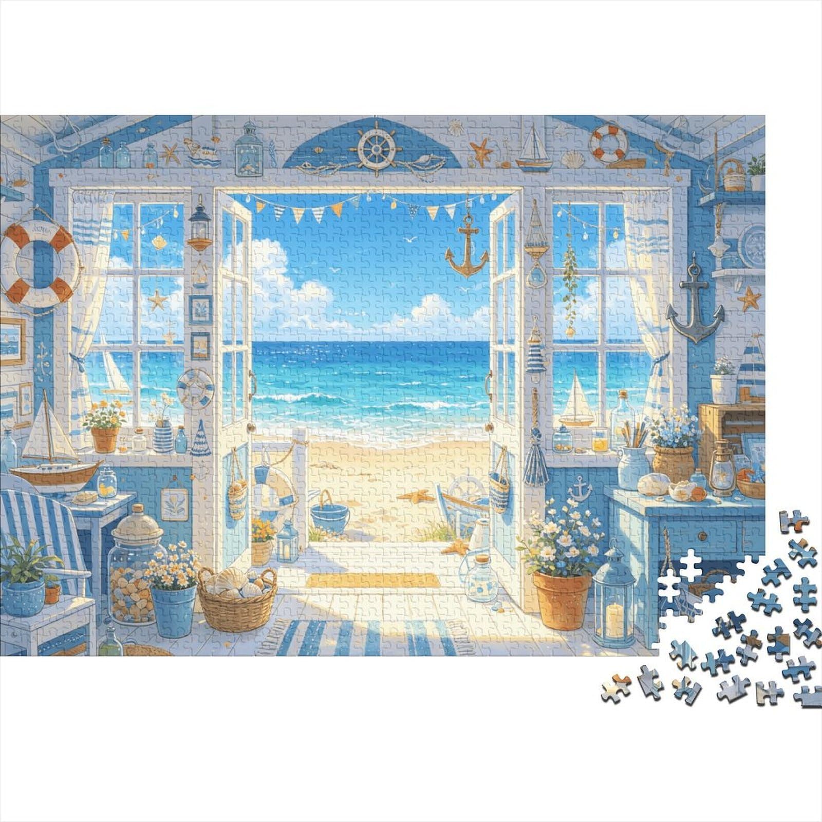 Beach Cottage Adult Jigsaws 1000Pc Recycled Material Sea View Room Jigsaw Puzzle Educational Game Decompression Parent Child Game Props for Home 38x26cm/1000pcs