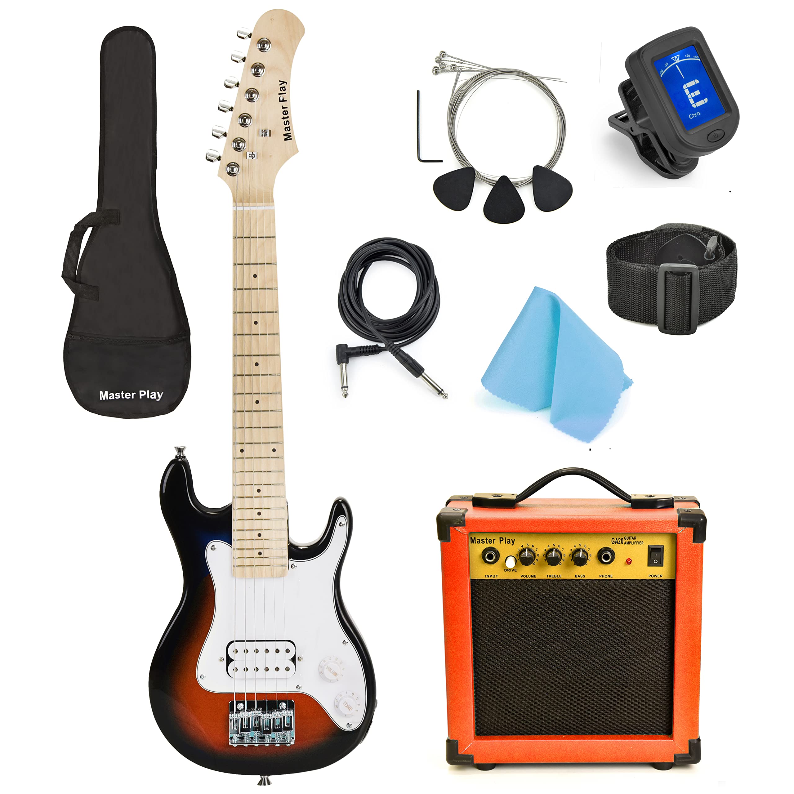 master play 30 inch electric guitar, for kids/beginner with complete starter kit, 20 watt amp, 6 extra string, picks, gig bag, shoulder strap, digital tuner, cable, wash cloth sunburst